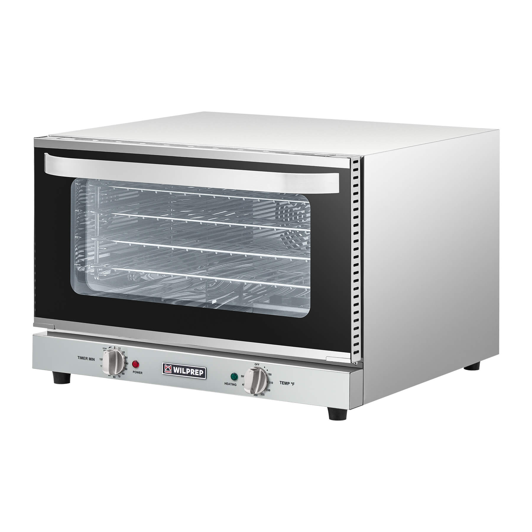A countertop convection oven with a visible interior rack, temperature control knobs, and a glass door.