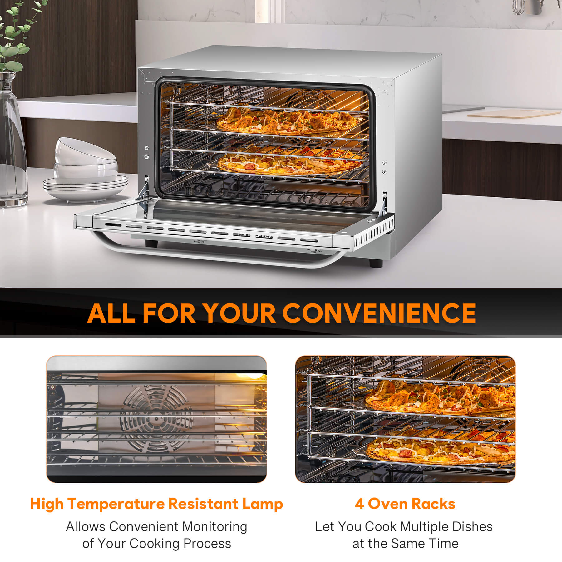 A countertop convection oven with a visible interior rack, temperature control knobs, and a glass door.