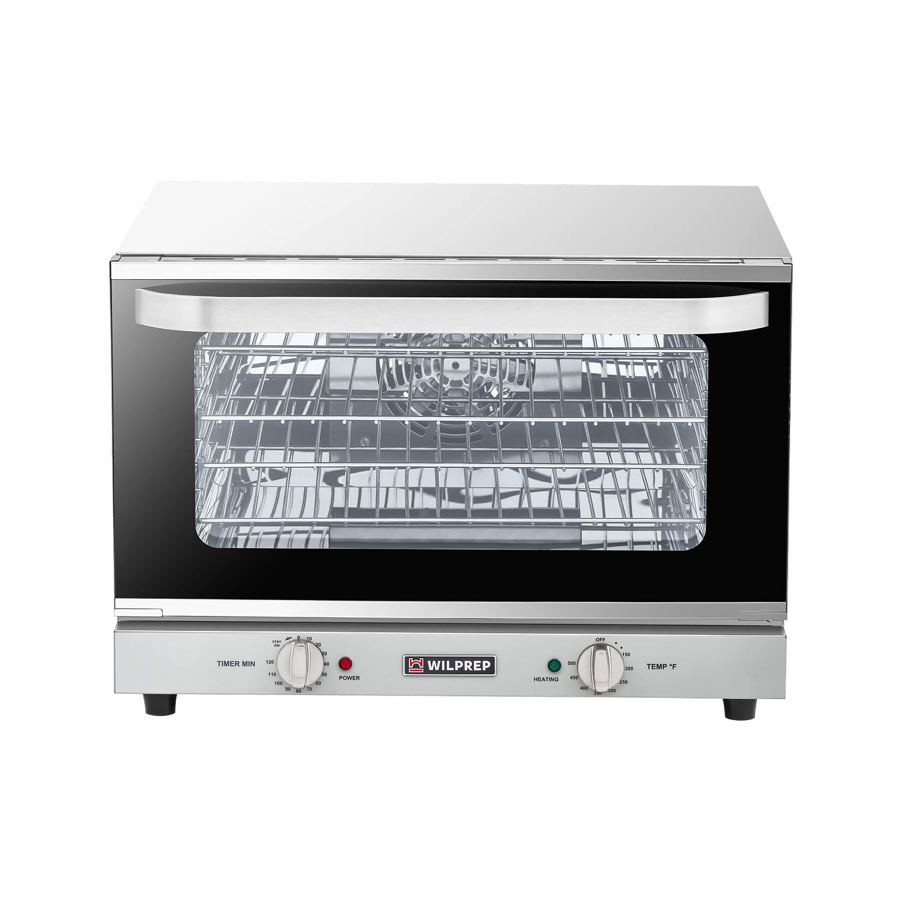 A countertop convection oven with a visible interior rack, temperature control knobs, and a glass door.