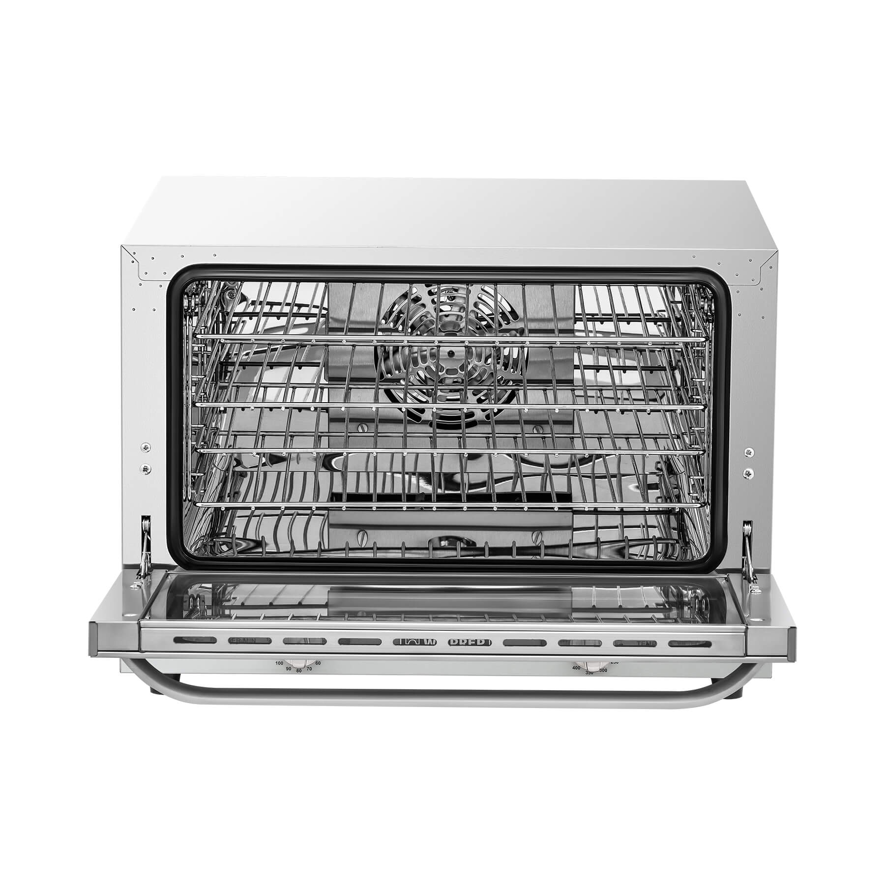 A countertop convection oven with a visible interior rack, temperature control knobs, and a glass door.