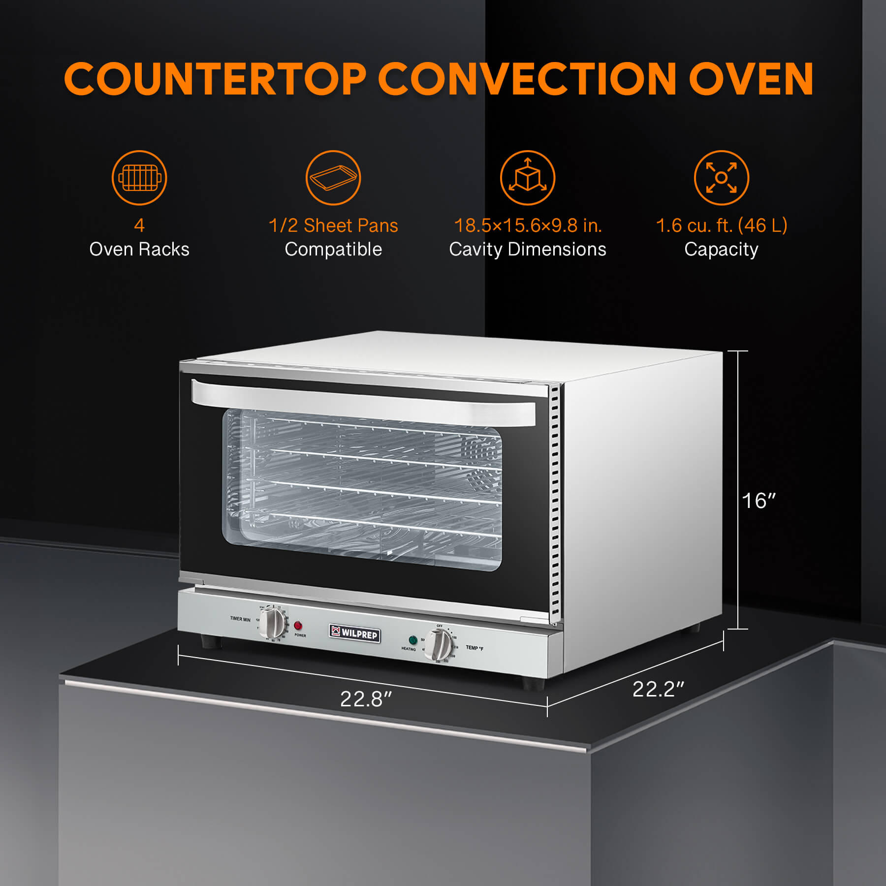 A countertop convection oven with a visible interior rack, temperature control knobs, and a glass door.