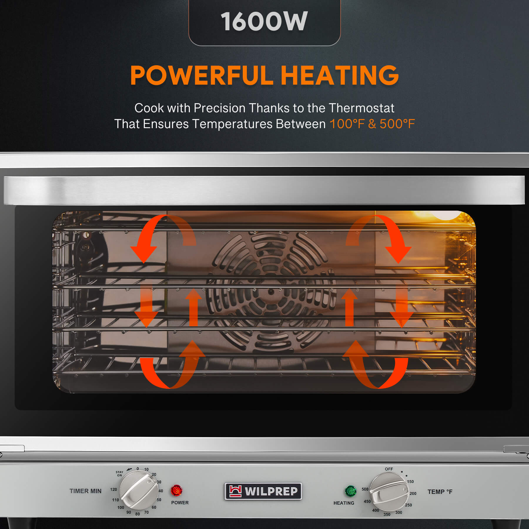A countertop convection oven with a visible interior rack, temperature control knobs, and a glass door.
