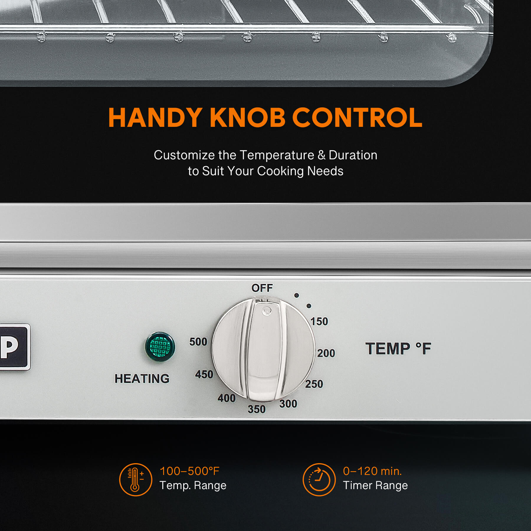 A countertop convection oven with a visible interior rack, temperature control knobs, and a glass door.