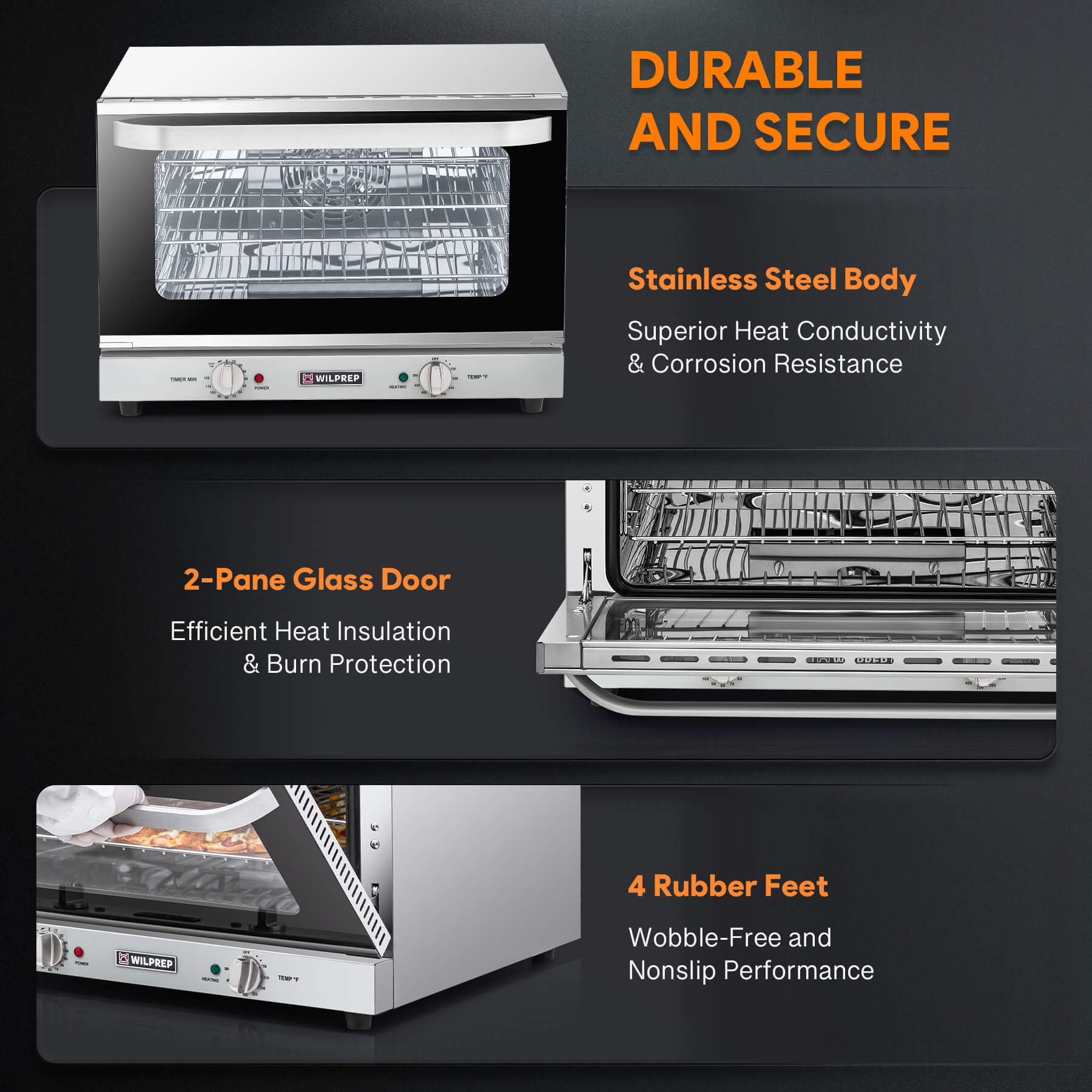 A countertop convection oven with a visible interior rack, temperature control knobs, and a glass door.