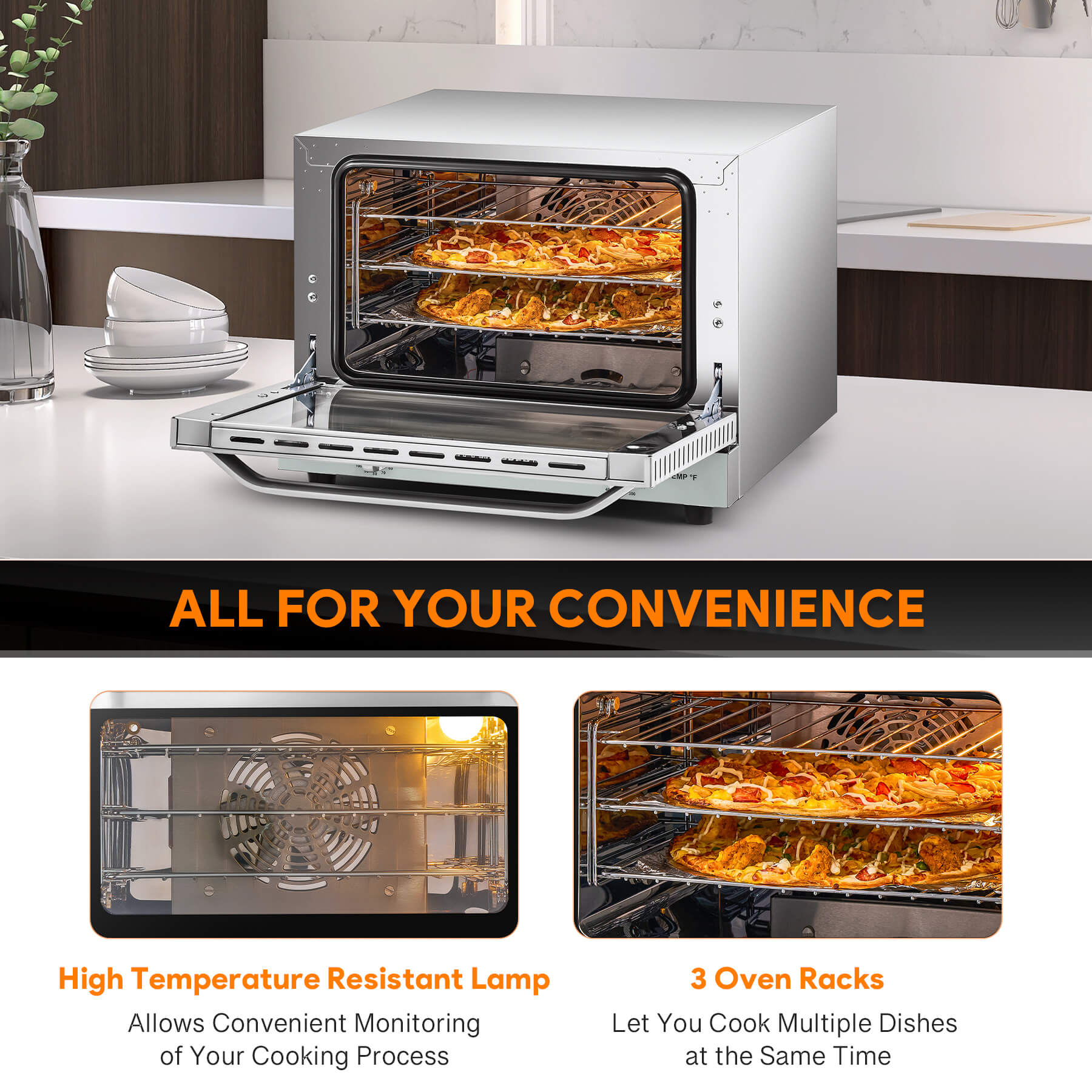 A countertop convection oven with a visible interior rack, temperature control knobs, and a glass door.