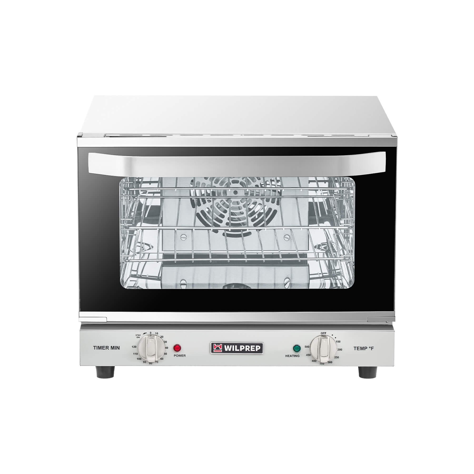 A countertop convection oven with a visible interior rack, temperature control knobs, and a glass door.