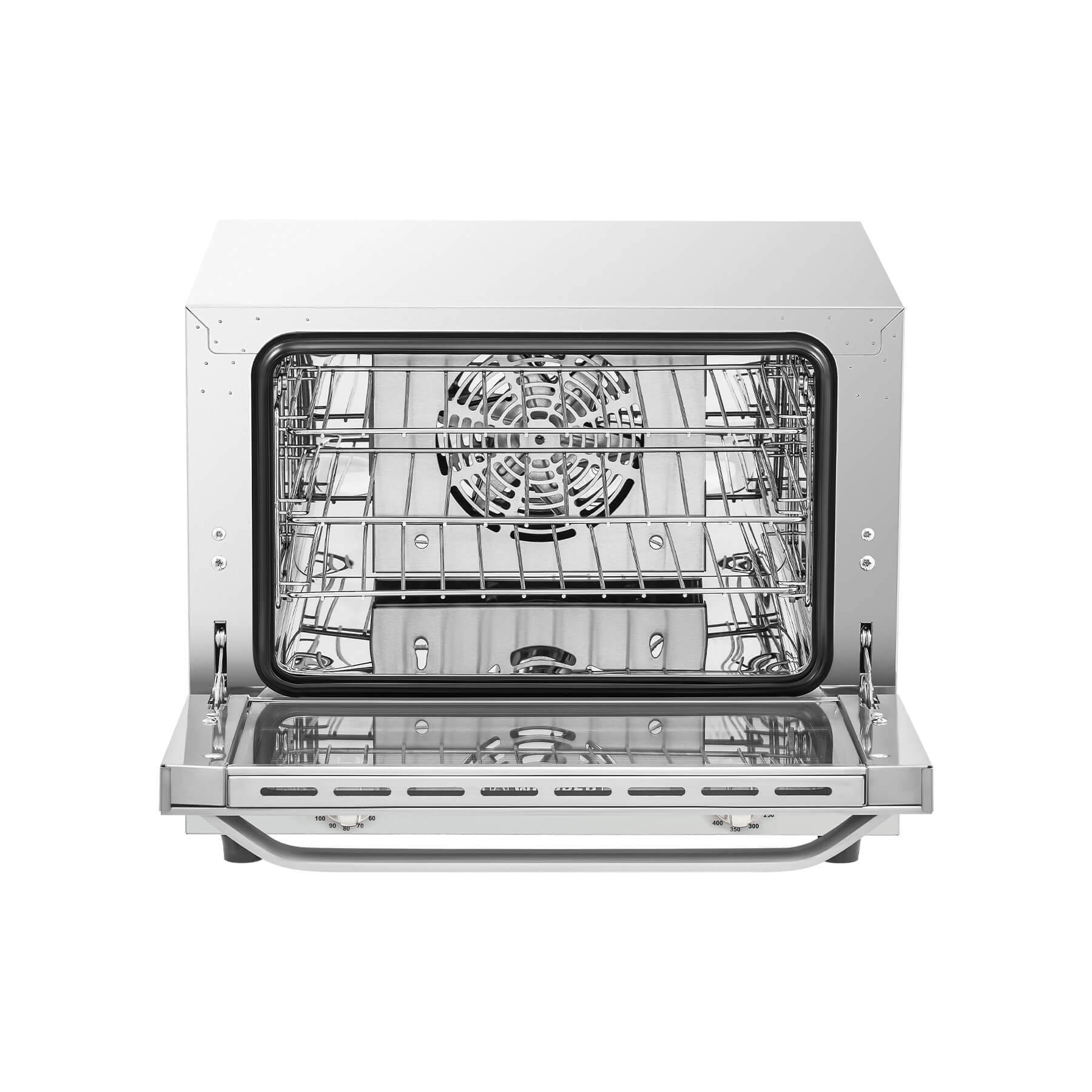 A countertop convection oven with a visible interior rack, temperature control knobs, and a glass door.