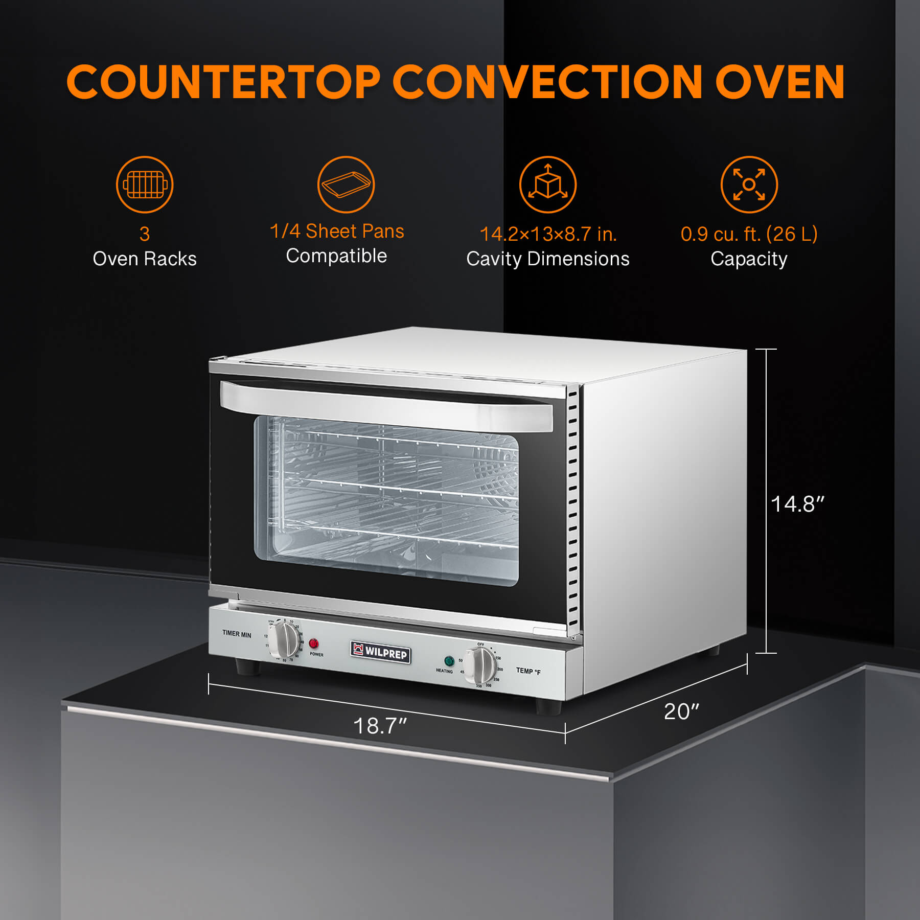 A countertop convection oven with a visible interior rack, temperature control knobs, and a glass door.