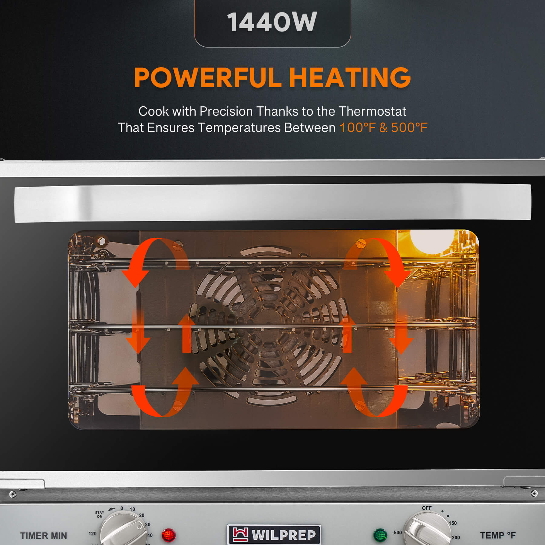 A countertop convection oven with a visible interior rack, temperature control knobs, and a glass door.