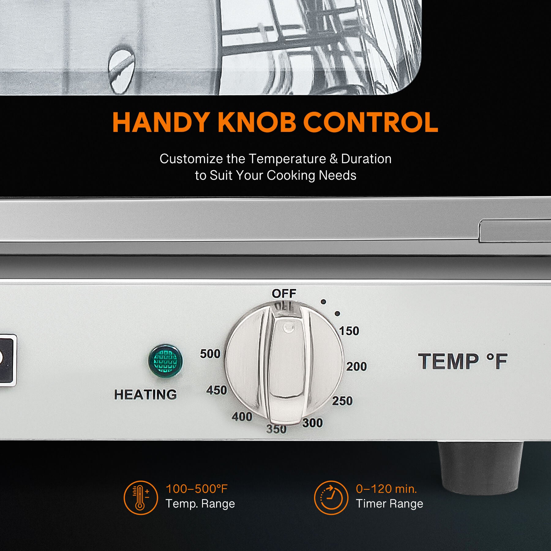 A countertop convection oven with a visible interior rack, temperature control knobs, and a glass door.