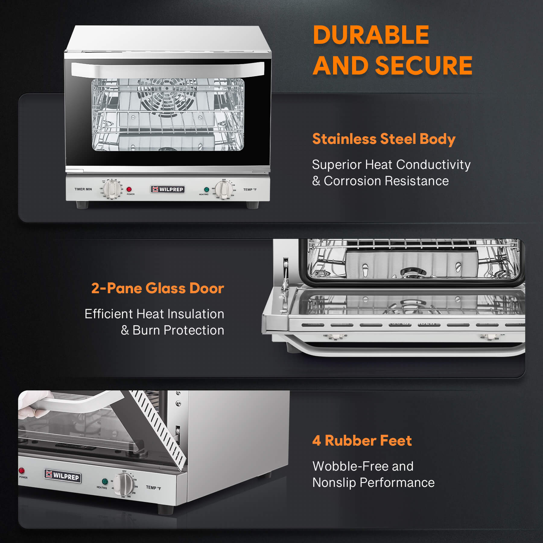 A countertop convection oven with a visible interior rack, temperature control knobs, and a glass door.