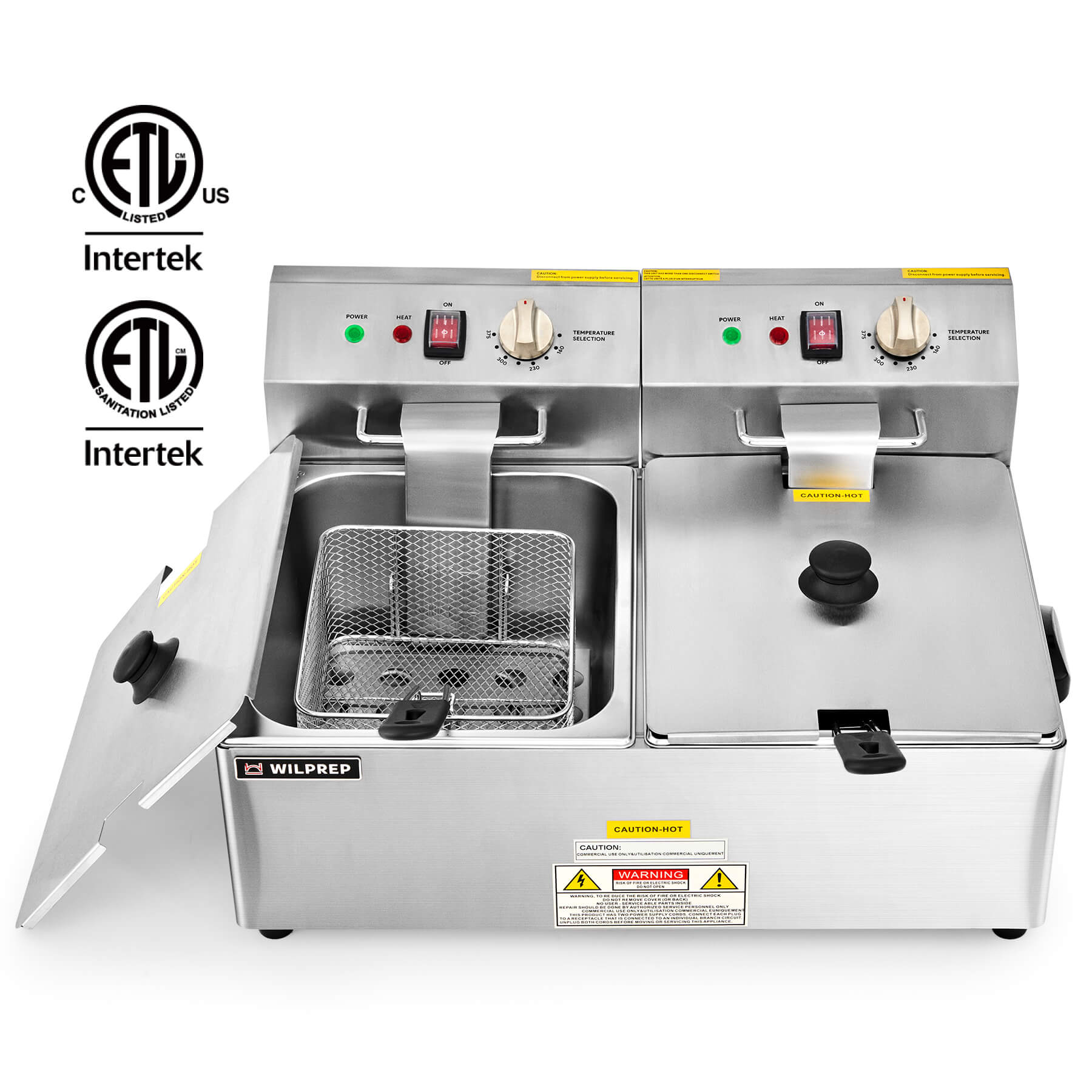 A silver electric deep fryer with two frying baskets.