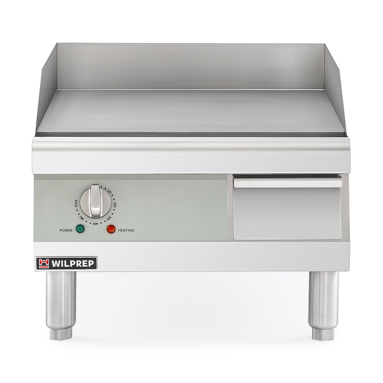 A Wilprep 16 inch commercial electric griddle with a stainless steel body, temperature control knob, and a front-mounted brand logo.