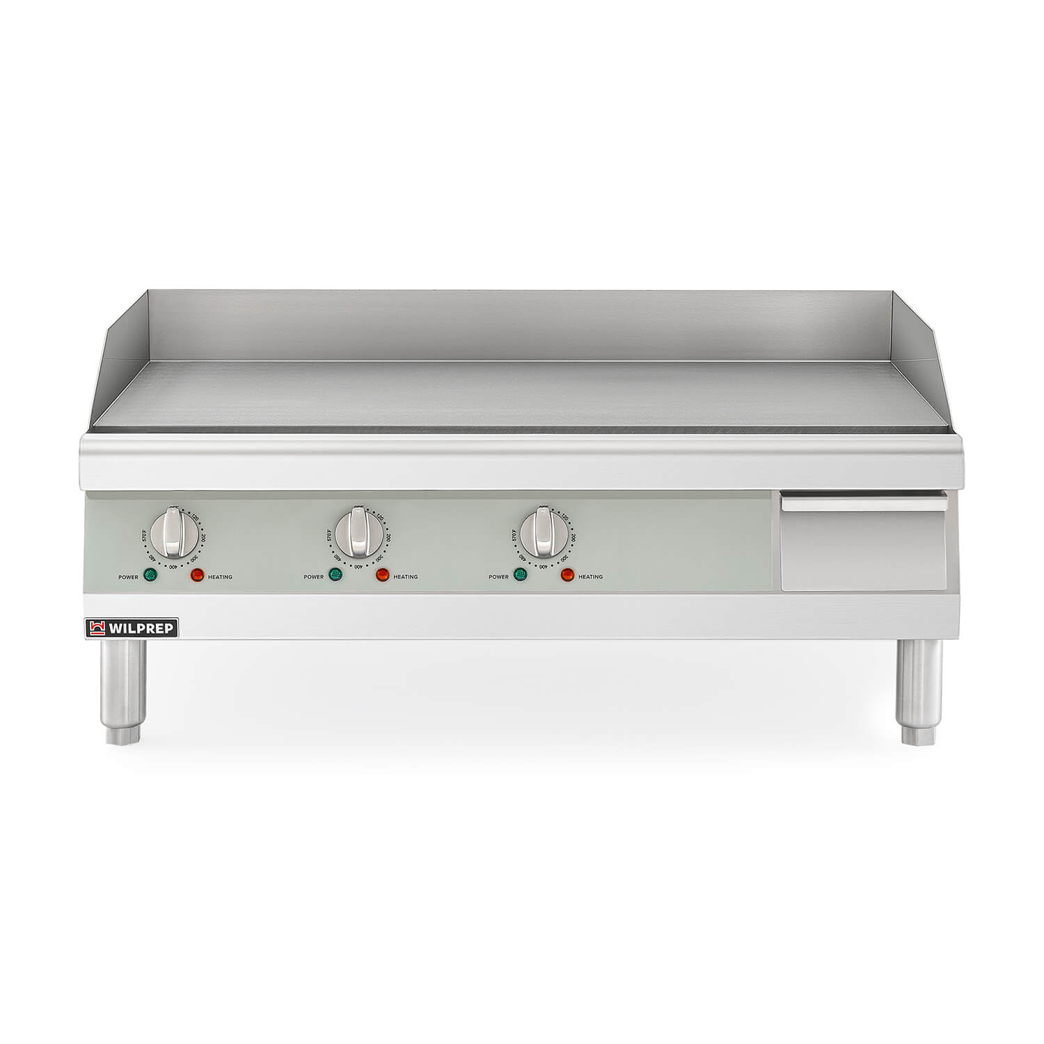 A silver-colored Wilprep 30 inch electric countertop griddle with control knobs on the front.