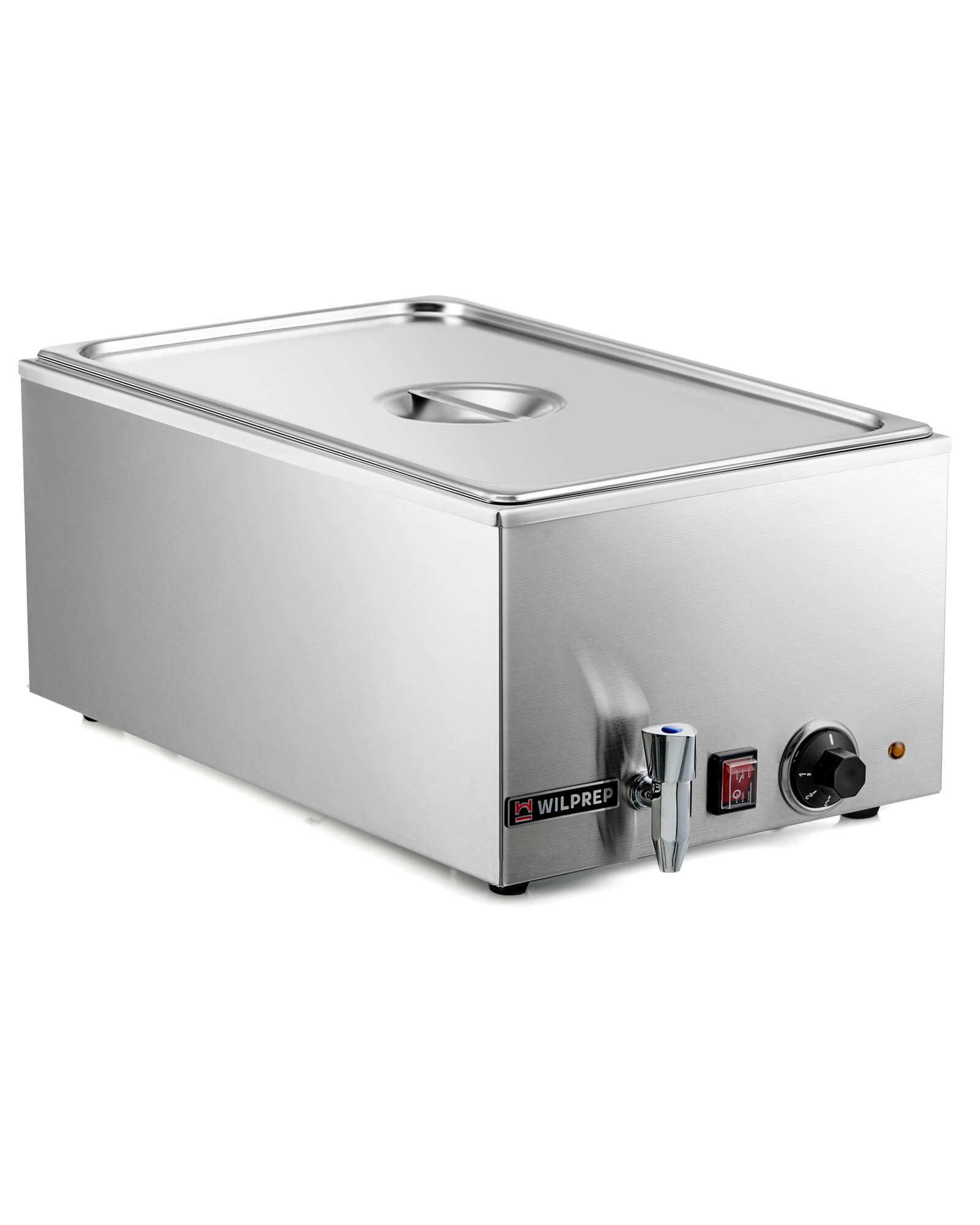 A full-size electric countertop food warmer with a stainless steel finish, a U-shaped heating tube, a GN 1/1 pan and cover, and a drainage faucet.