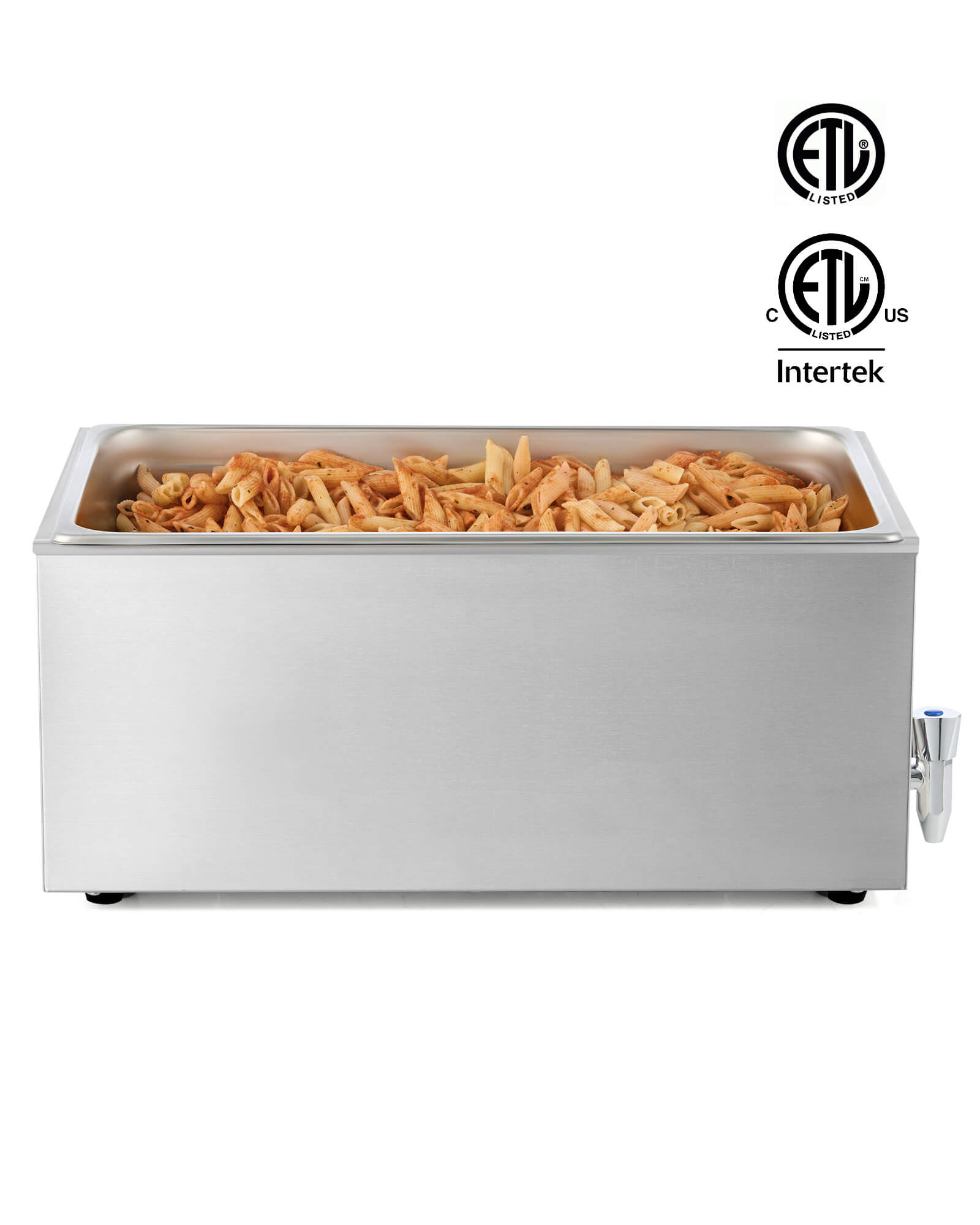 A full-size electric countertop food warmer with a stainless steel finish, a U-shaped heating tube, a GN 1/1 pan and cover, and a drainage faucet.