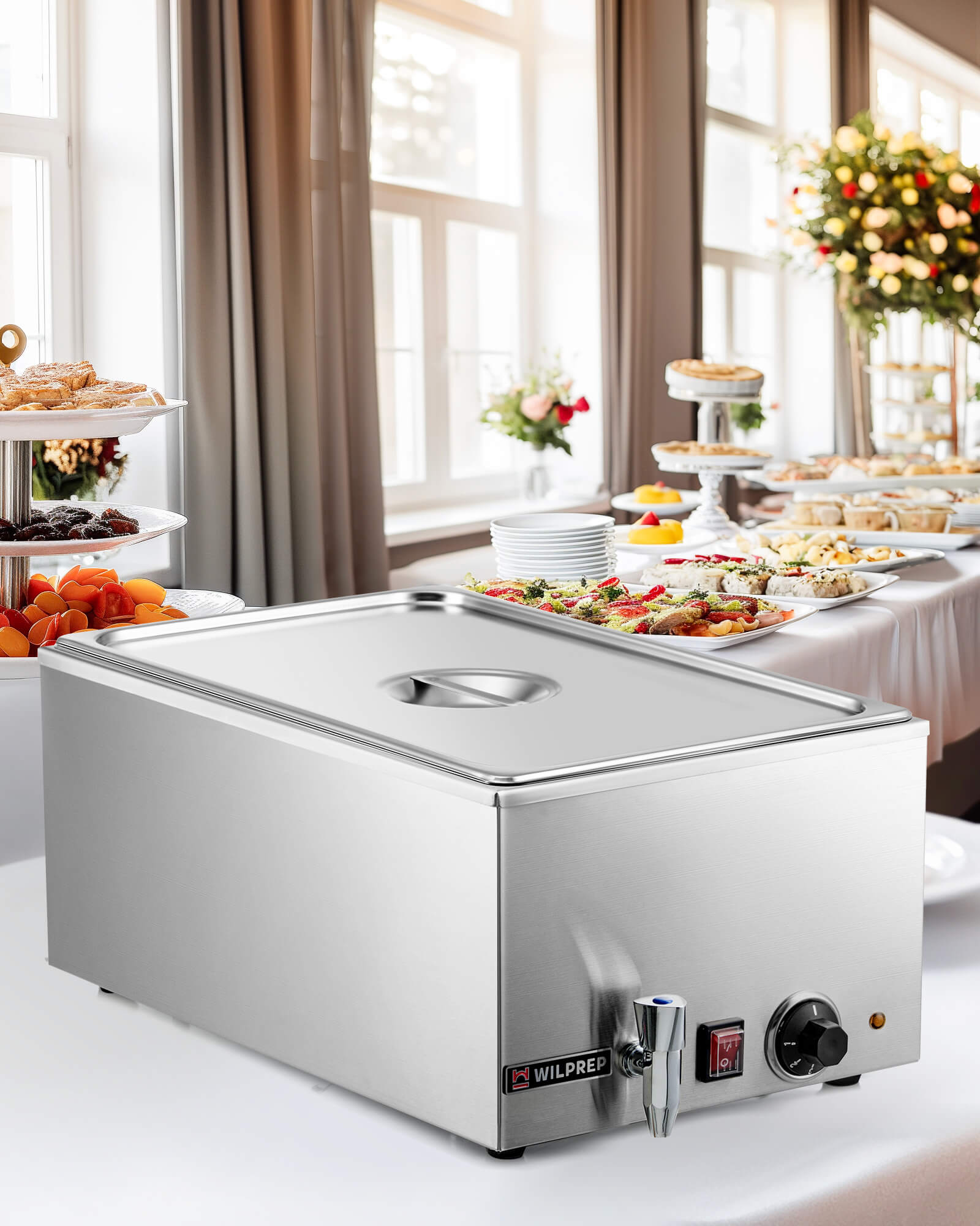 A full-size electric countertop food warmer with a stainless steel finish, a U-shaped heating tube, a GN 1/1 pan and cover, and a drainage faucet.