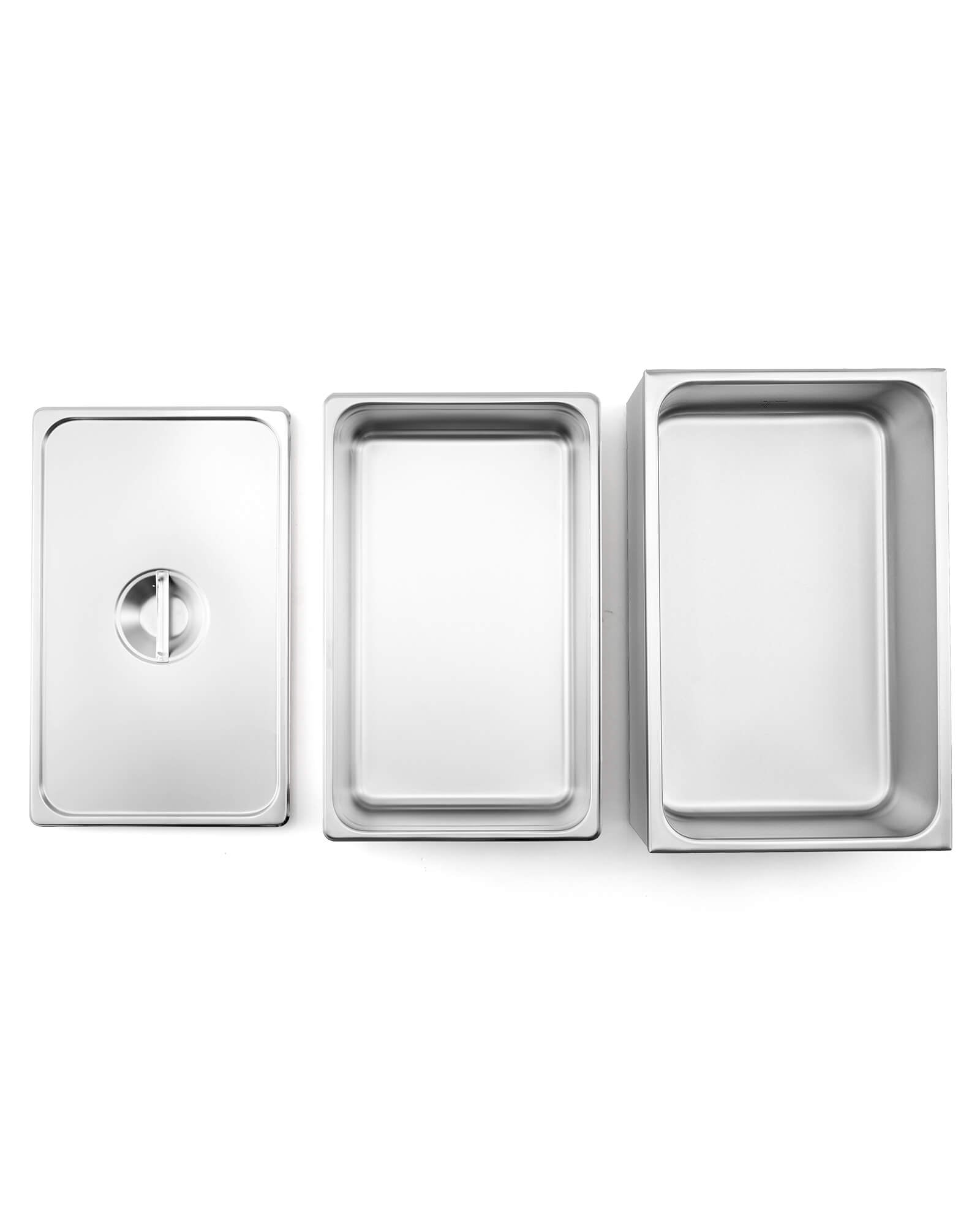 A full-size electric countertop food warmer with a stainless steel finish, a U-shaped heating tube, a GN 1/1 pan and cover, and a drainage faucet.