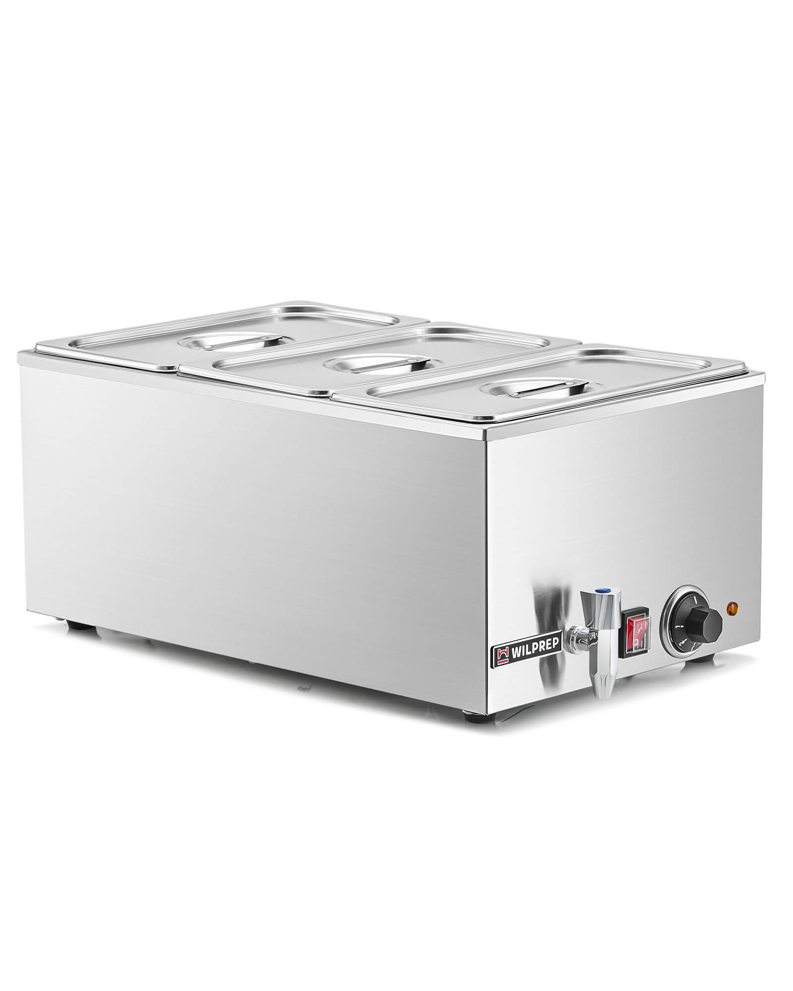A full-size triple well electric countertop food warmer with 3 pan covers and a faucet, constructed from stainless steel.