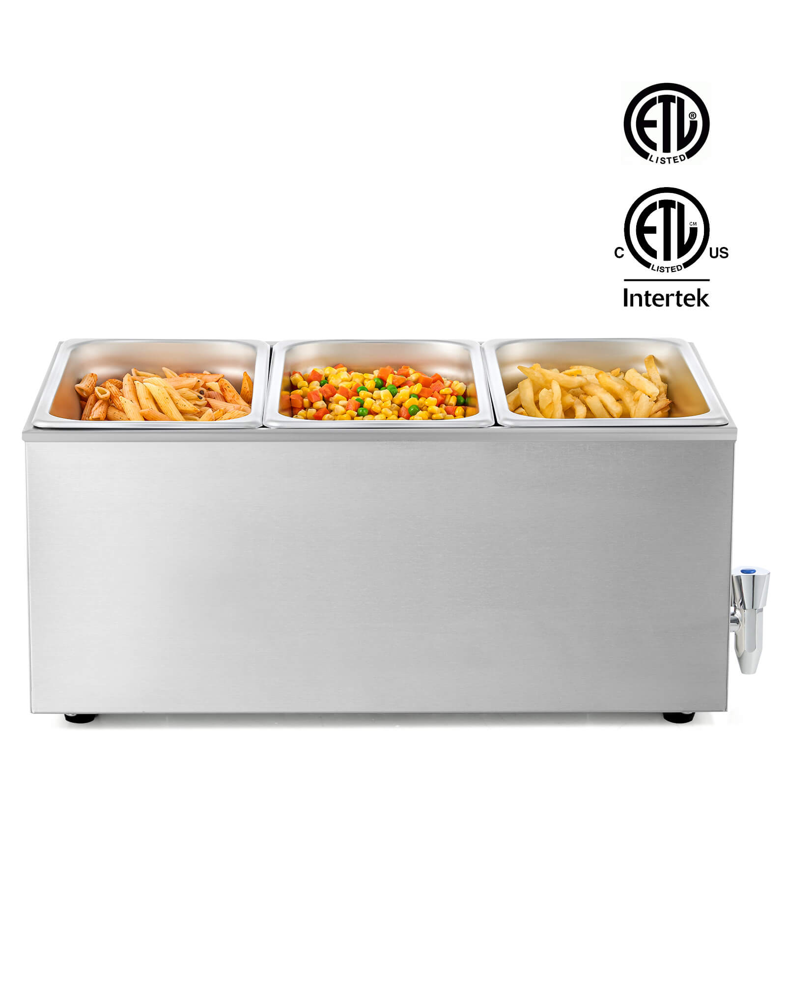 A full-size triple well electric countertop food warmer with 3 pan covers and a faucet, constructed from stainless steel.