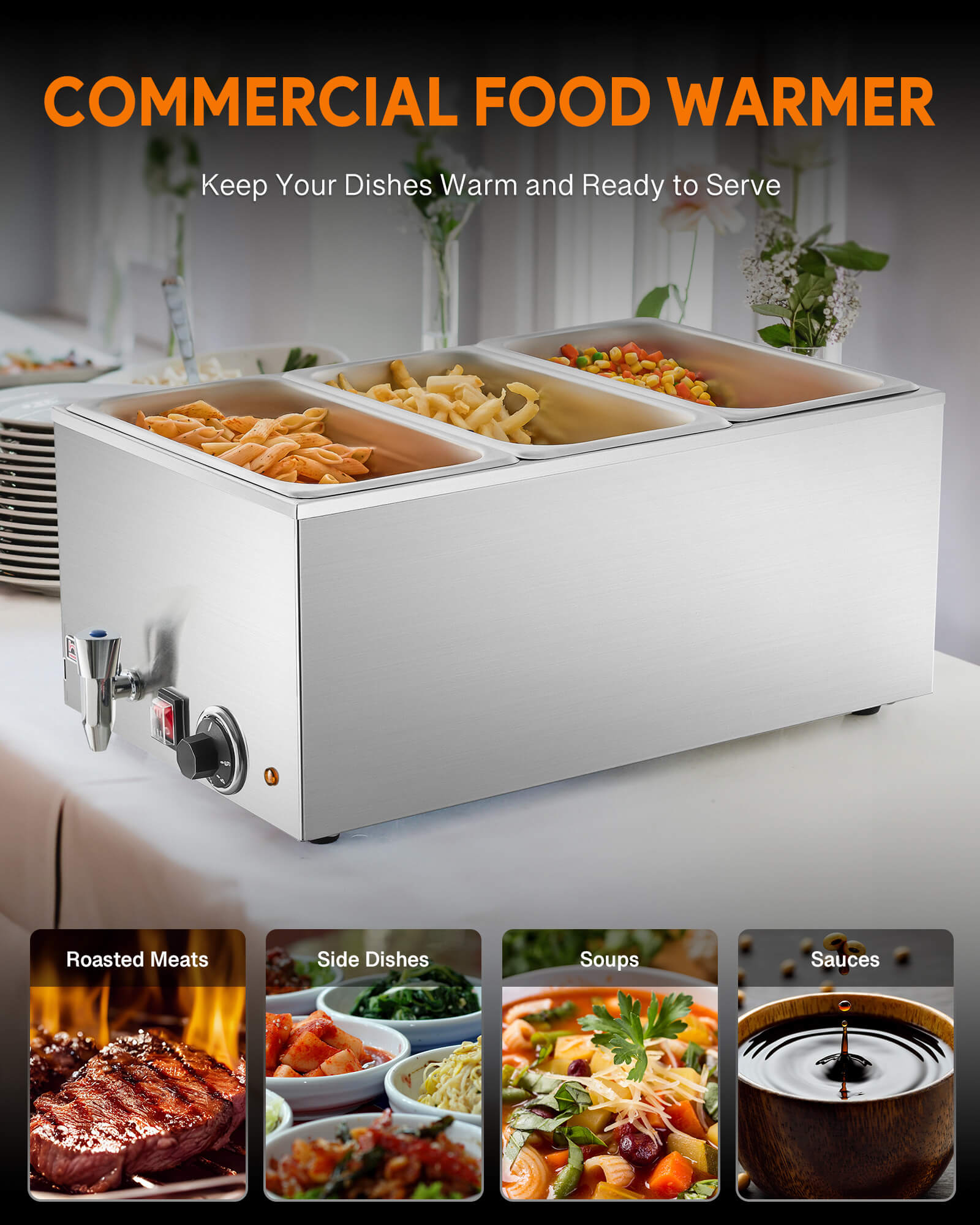 A full-size triple well electric countertop food warmer with 3 pan covers and a faucet, constructed from stainless steel.