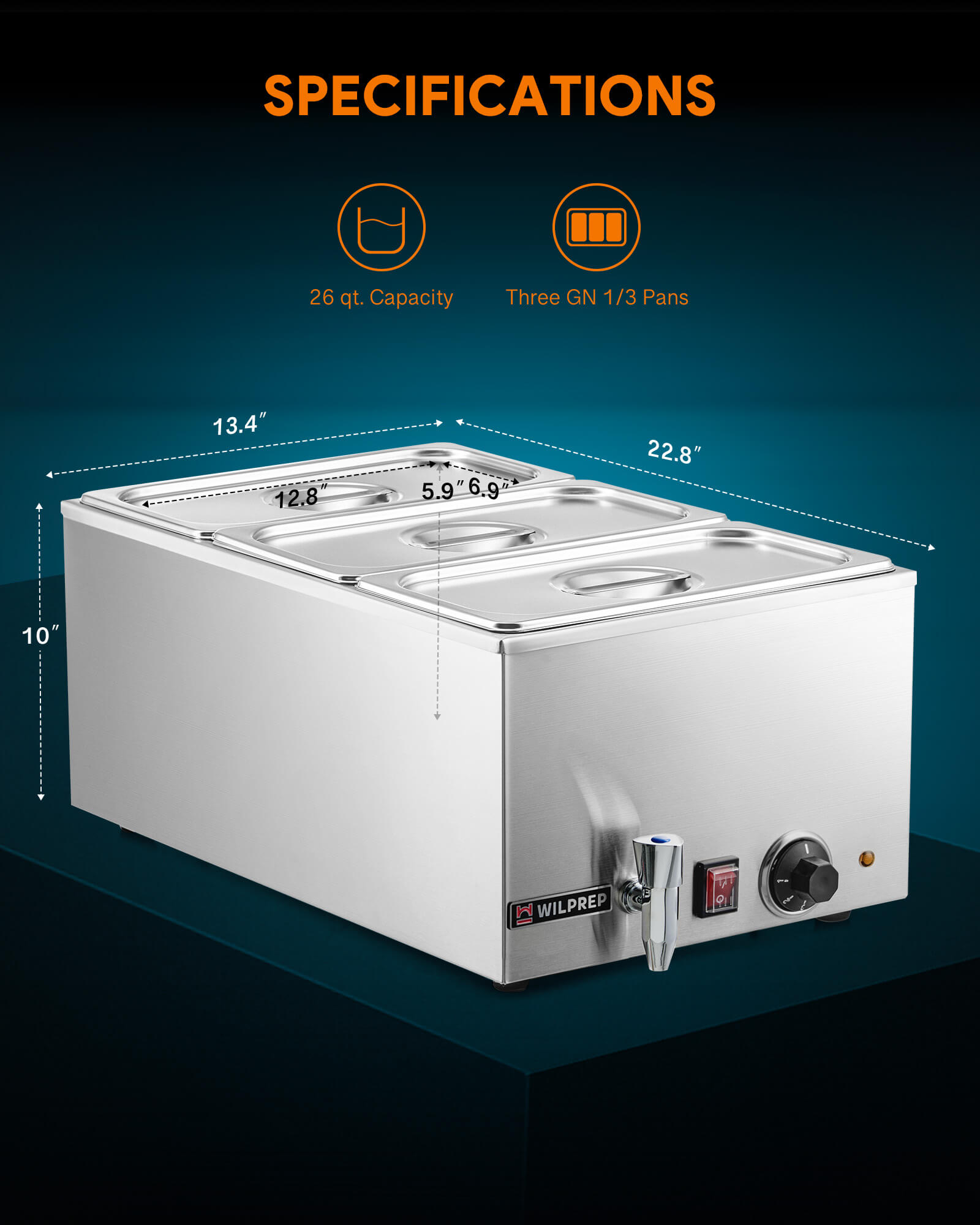 A full-size triple well electric countertop food warmer with 3 pan covers and a faucet, constructed from stainless steel.