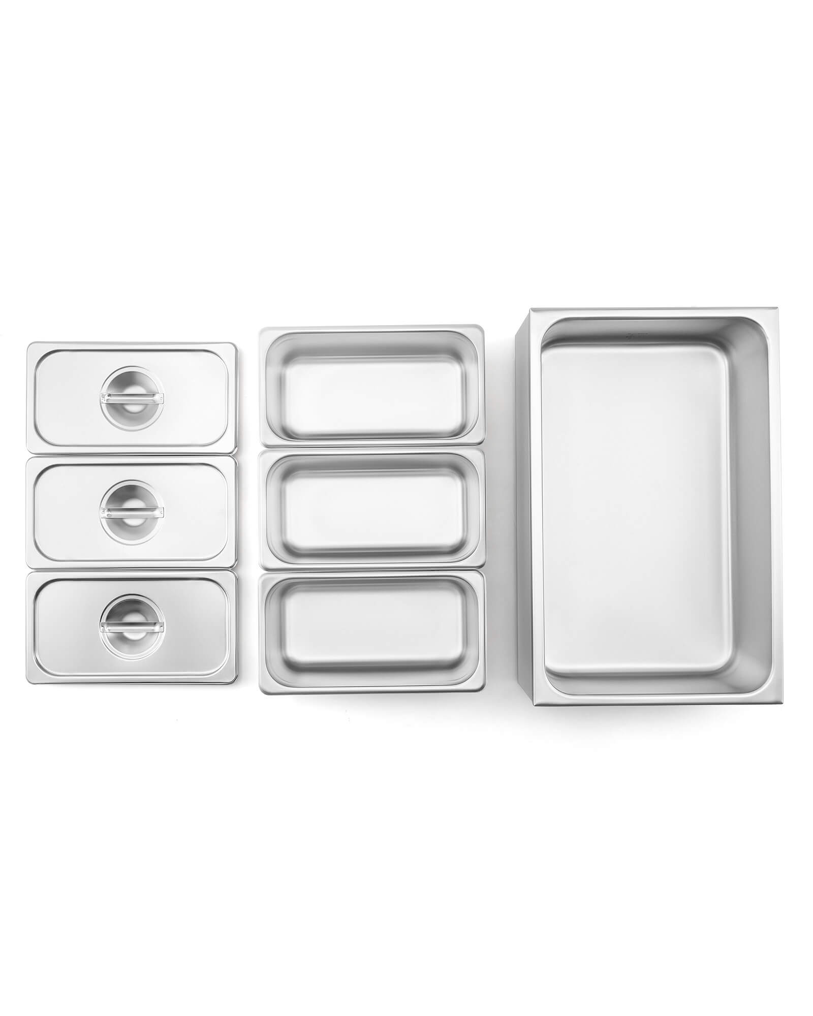 A full-size triple well electric countertop food warmer with 3 pan covers and a faucet, constructed from stainless steel.