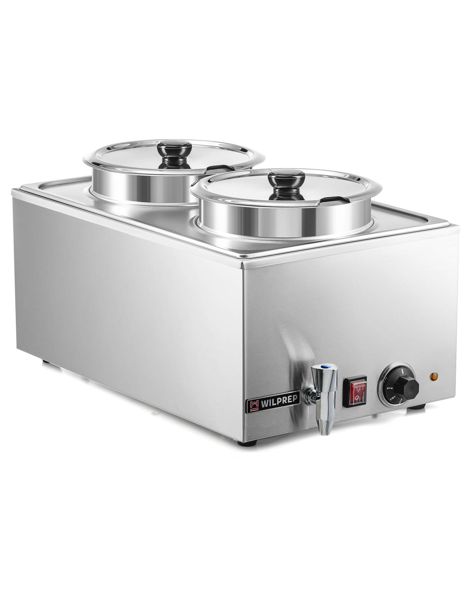 A silver-colored electric countertop food warmer with two insets and covers, featuring a faucet and a control knob on the front.
