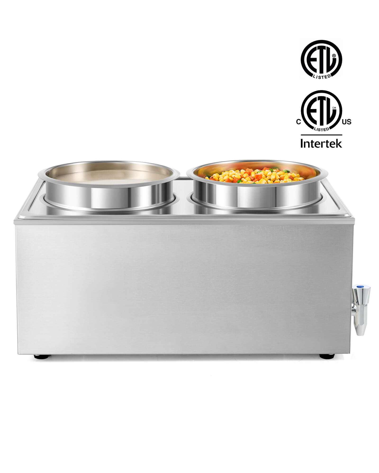A silver-colored electric countertop food warmer with two insets and covers, featuring a faucet and a control knob on the front.