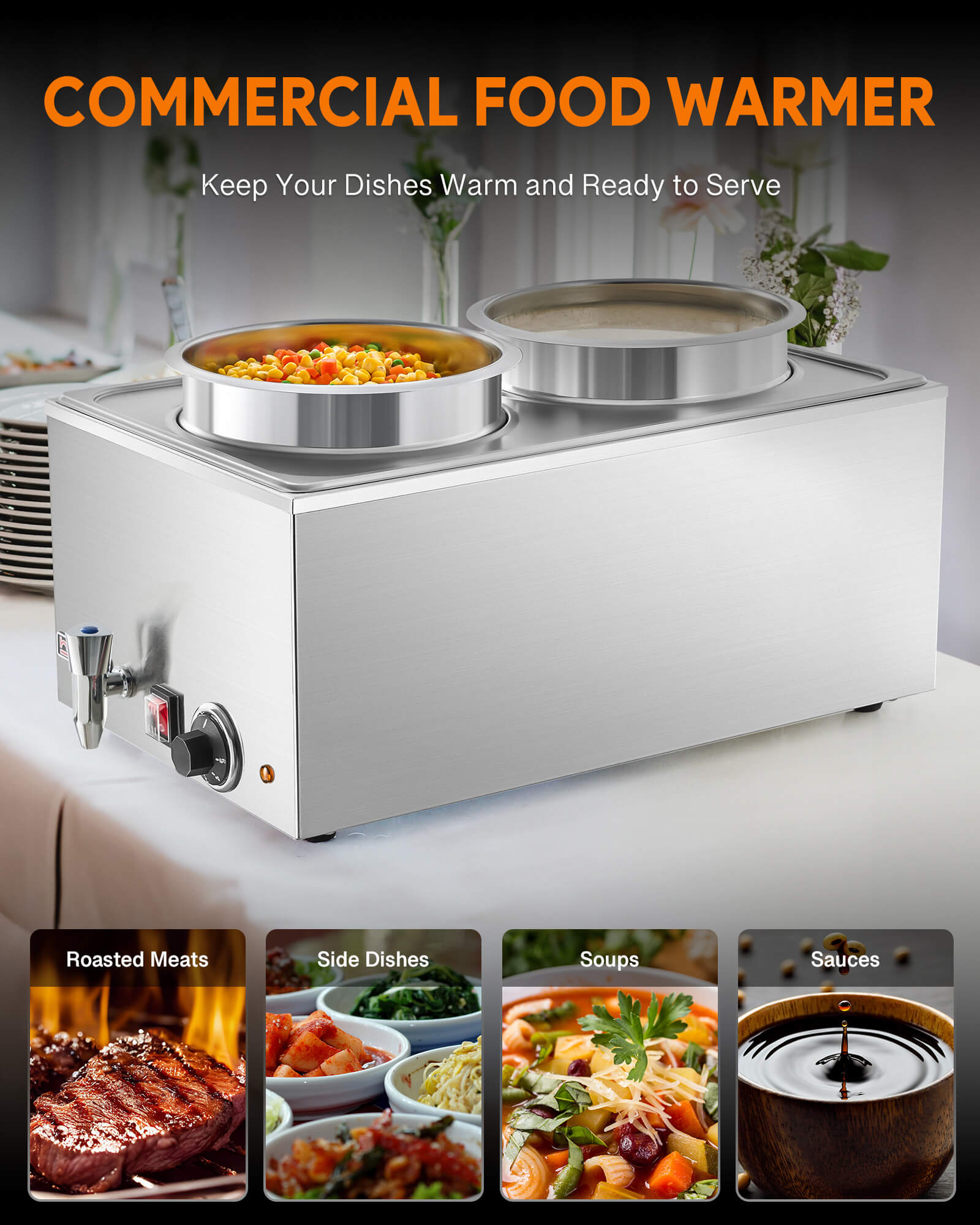 A silver-colored electric countertop food warmer with two insets and covers, featuring a faucet and a control knob on the front.