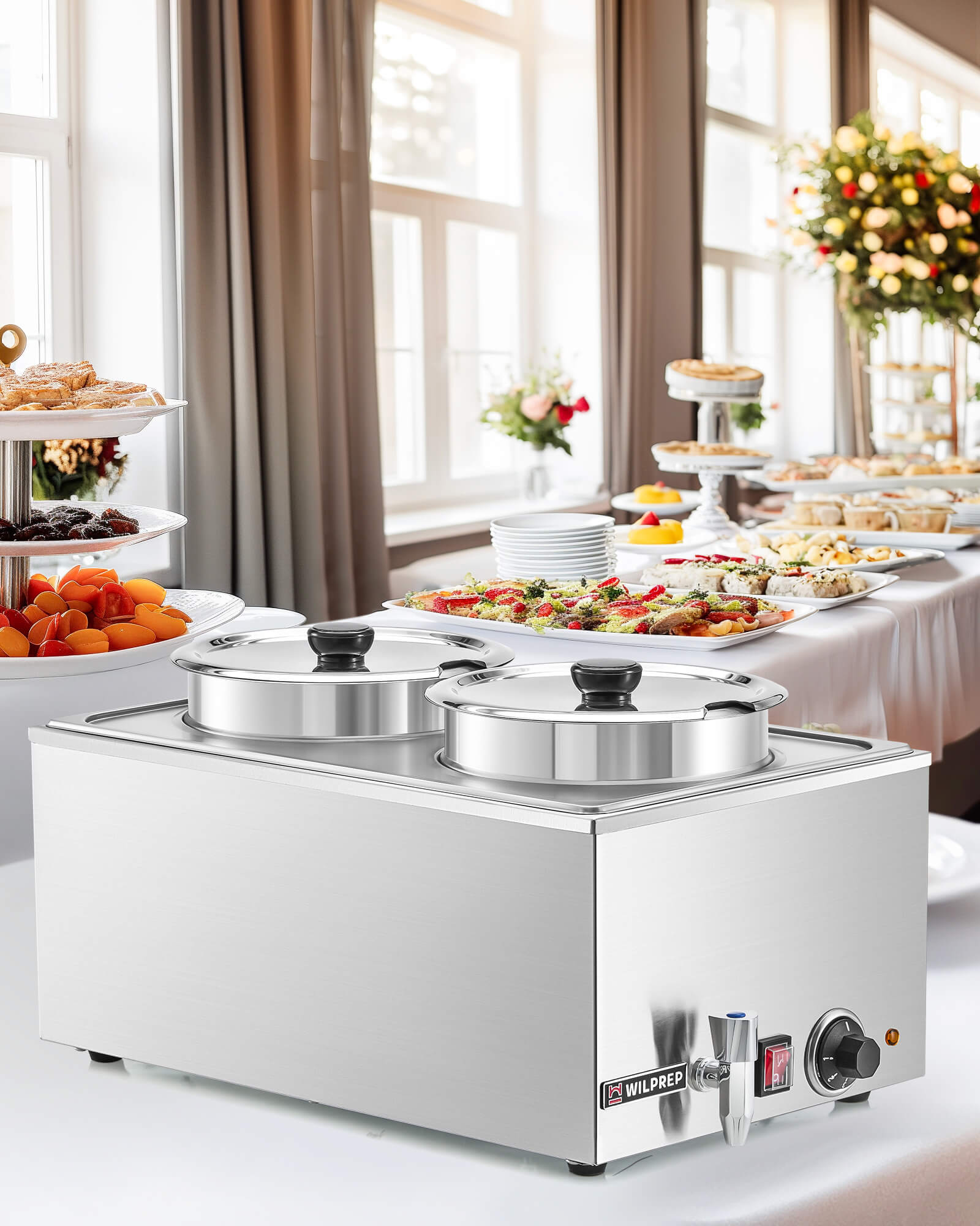 A silver-colored electric countertop food warmer with two insets and covers, featuring a faucet and a control knob on the front.