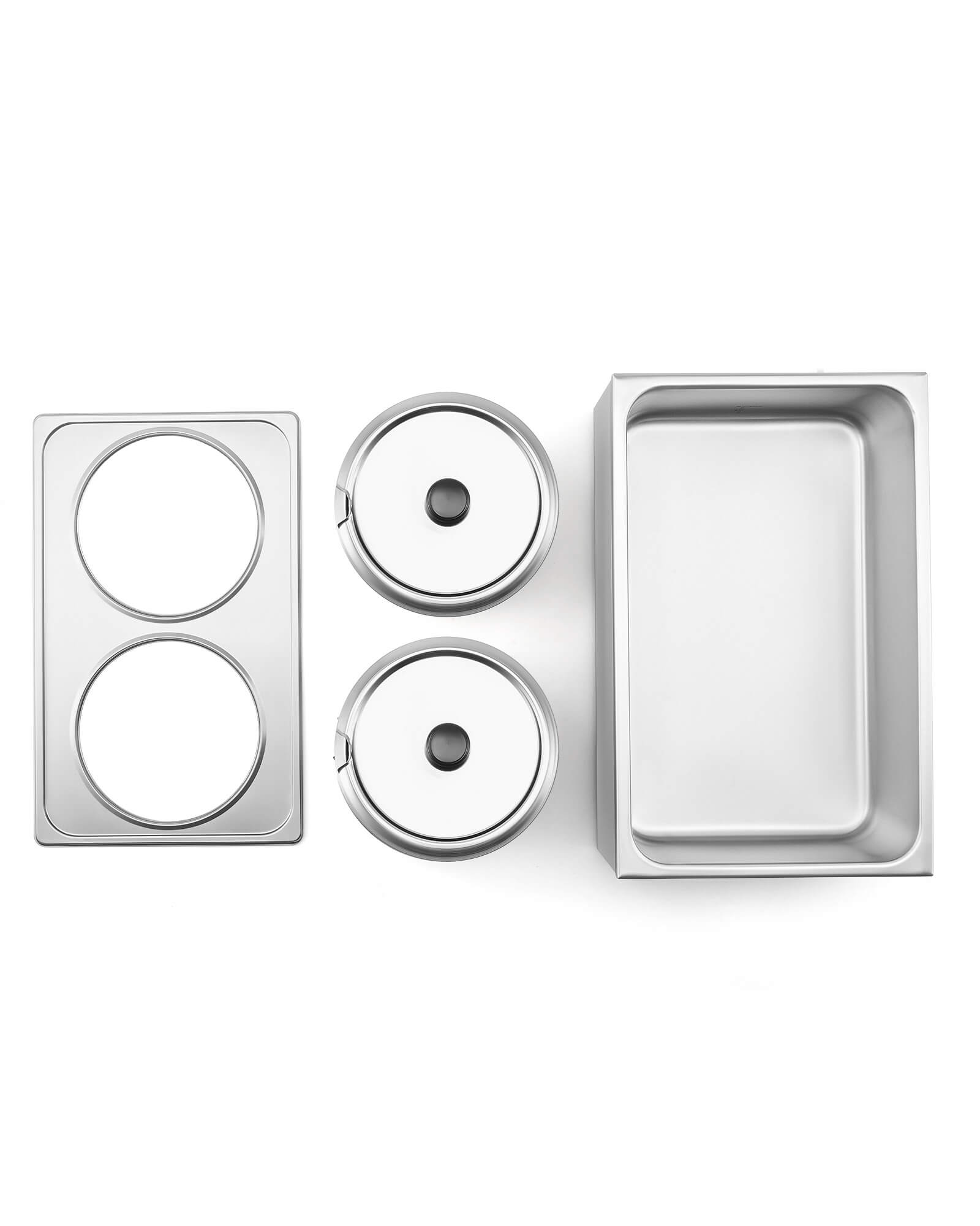 A silver-colored electric countertop food warmer with two insets and covers, featuring a faucet and a control knob on the front.