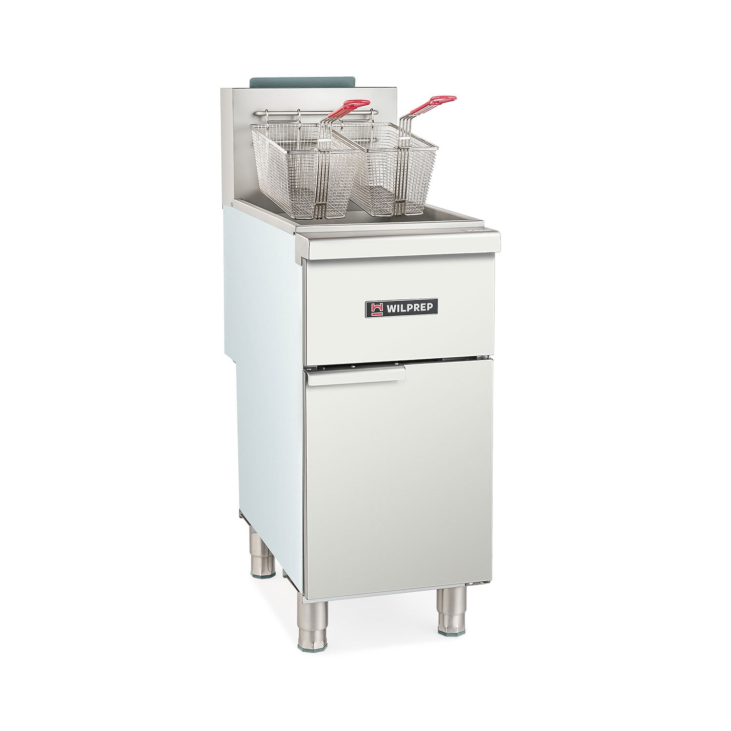 Commercial gas deep fryer with two baskets, made of stainless steel, in a gray color, positioned on adjustable feet.