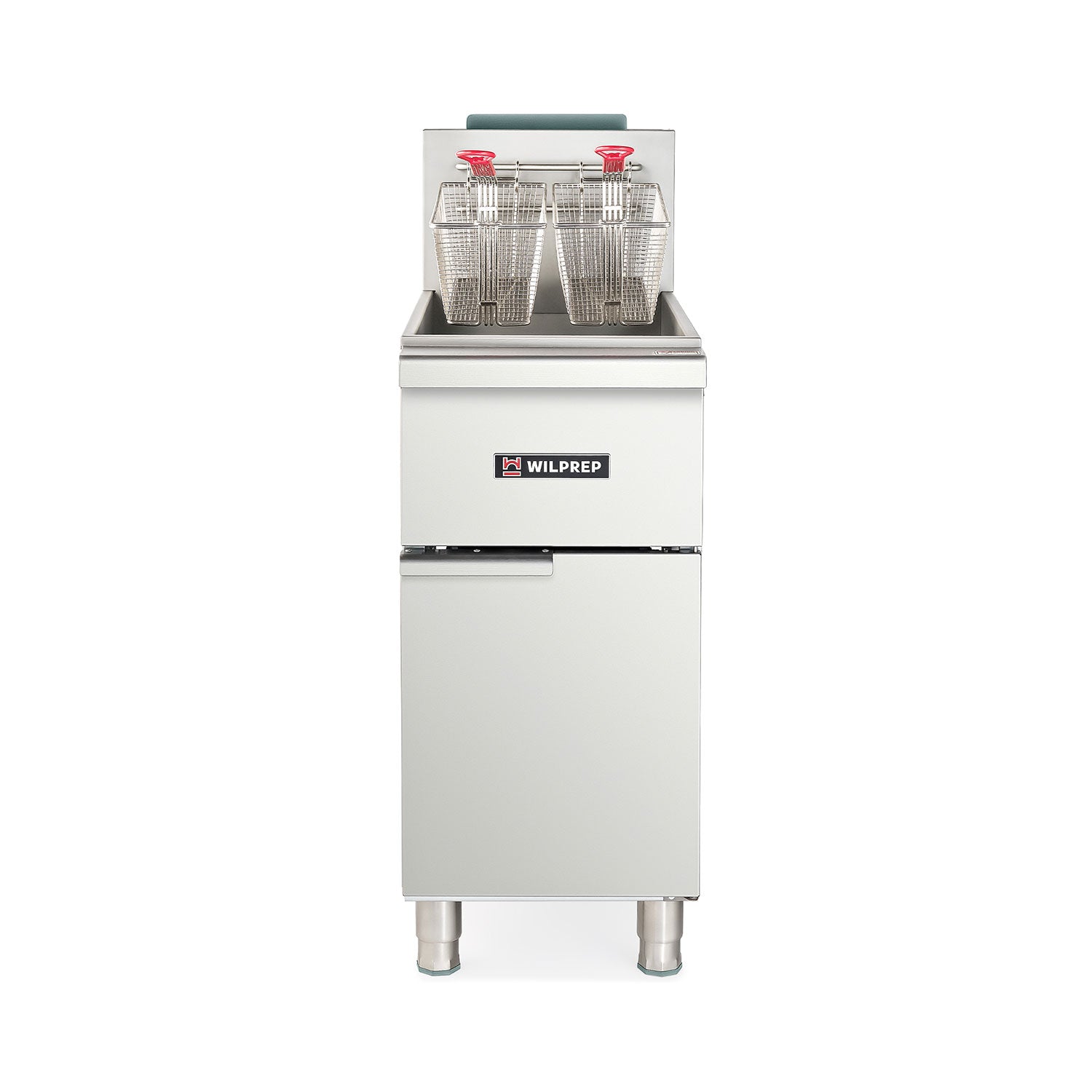Commercial gas deep fryer with two fry baskets, made of stainless steel, with the brand name visible.