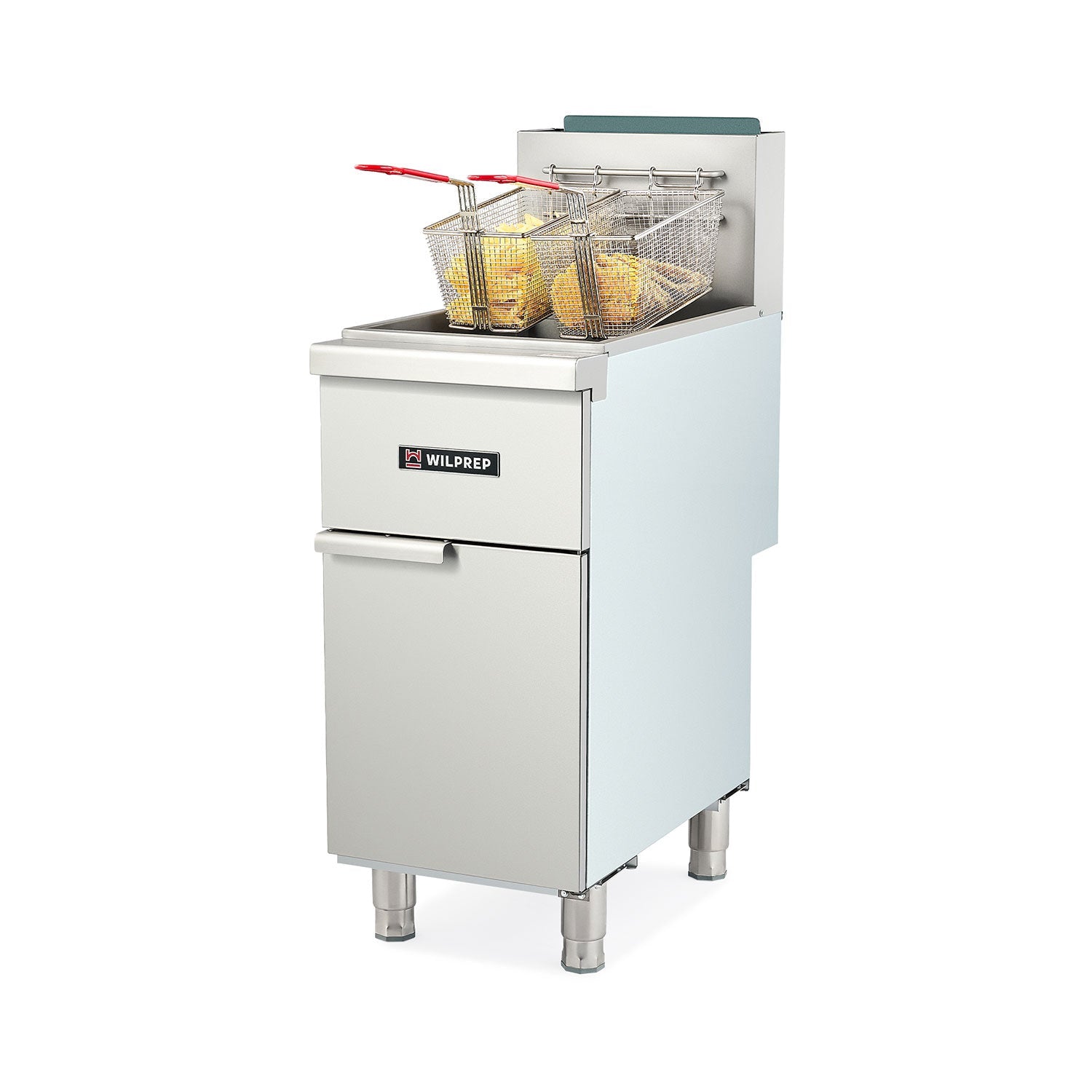 A commercial gas deep fryer with two fry baskets, made of stainless steel, with the brand name visible on the front.