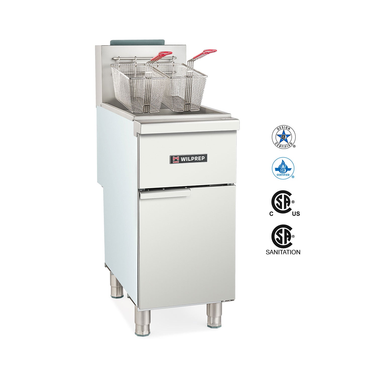 A commercial gas deep fryer with two fry baskets, made of stainless steel, with the brand name visible on the front.