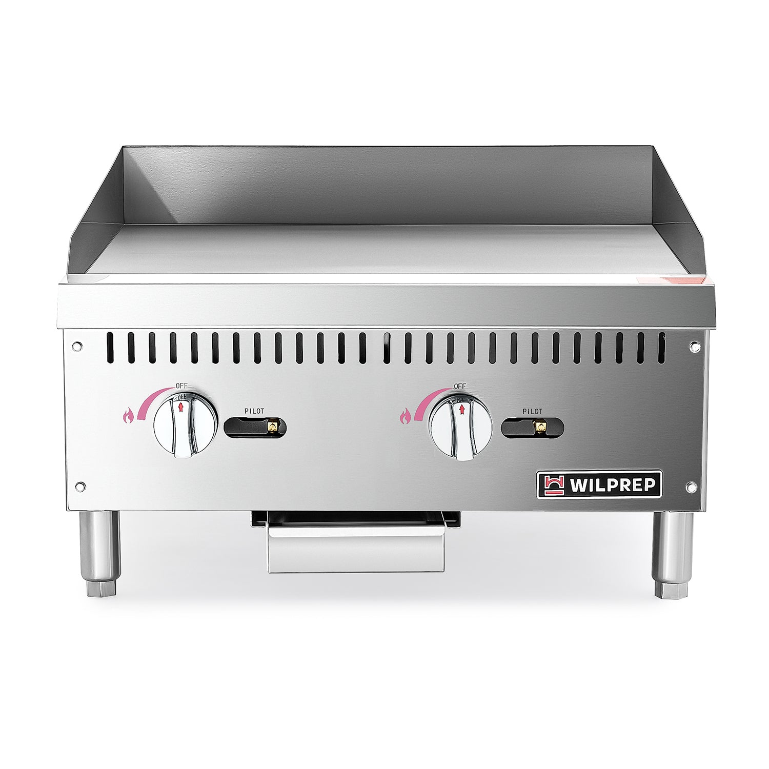 A silver-colored commercial countertop gas griddle with two control knobs, made of stainless steel, with the brand name visible.