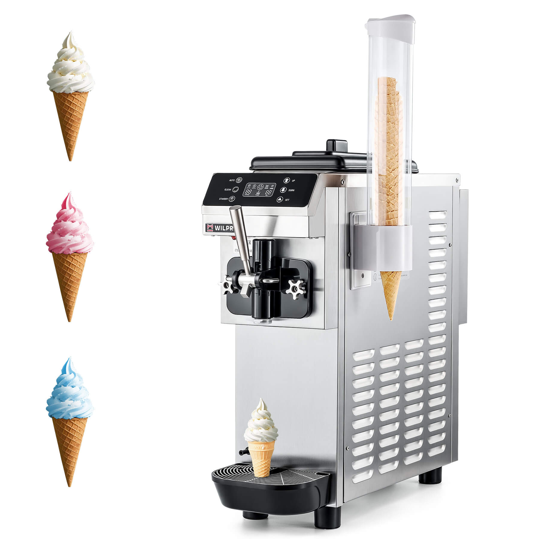 Commercial ice cream machine with a single flavor dispenser, digital control panel, and cone rack. The machine is constructed from stainless steel and there are three flavored ice cream cones depicted above it.