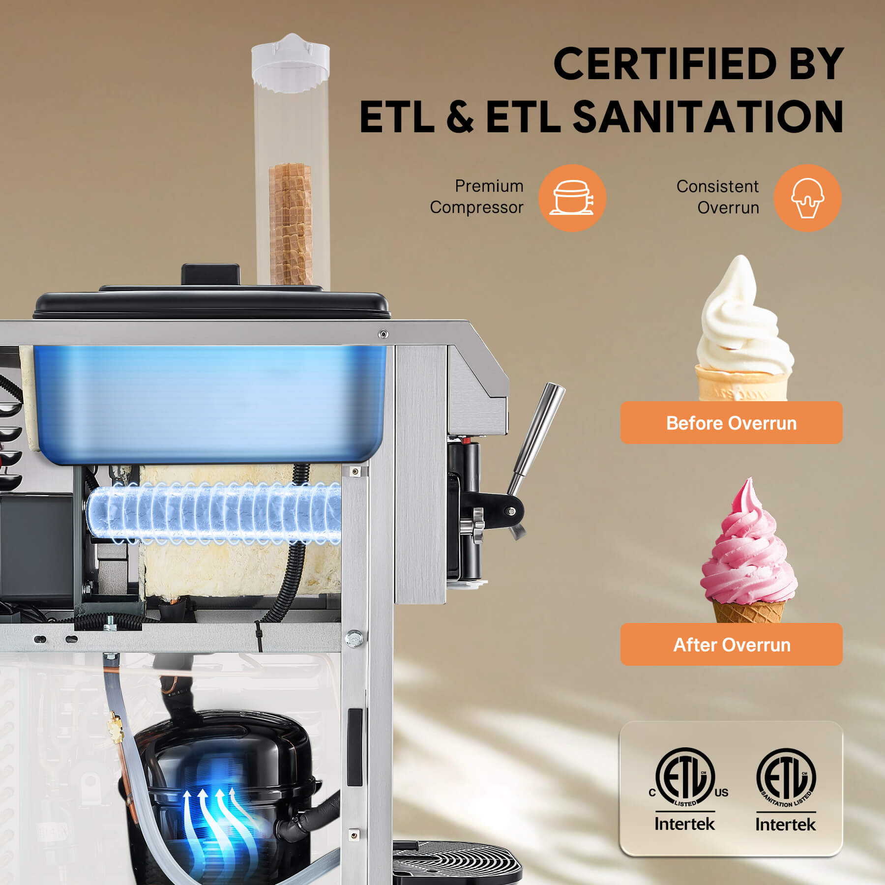 Commercial ice cream machine with a single flavor dispenser, digital control panel, and cone rack. The machine is constructed from stainless steel and there are three flavored ice cream cones depicted above it.