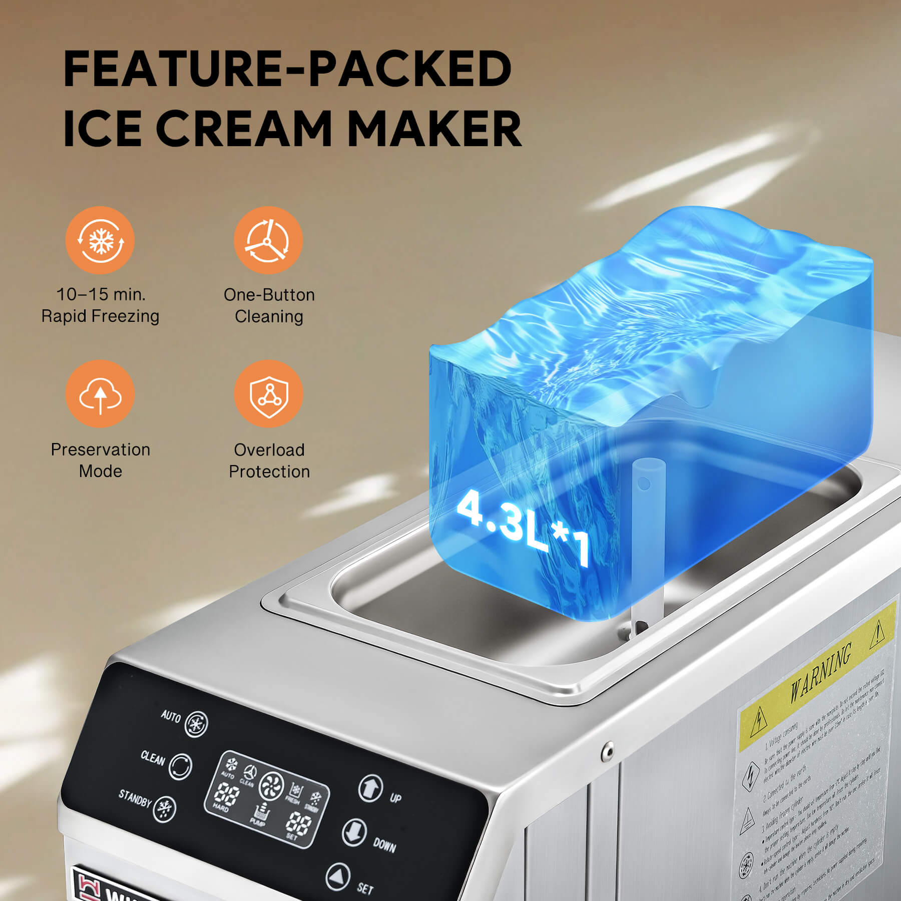 Commercial ice cream machine with a single flavor dispenser, digital control panel, and cone rack. The machine is constructed from stainless steel and there are three flavored ice cream cones depicted above it.