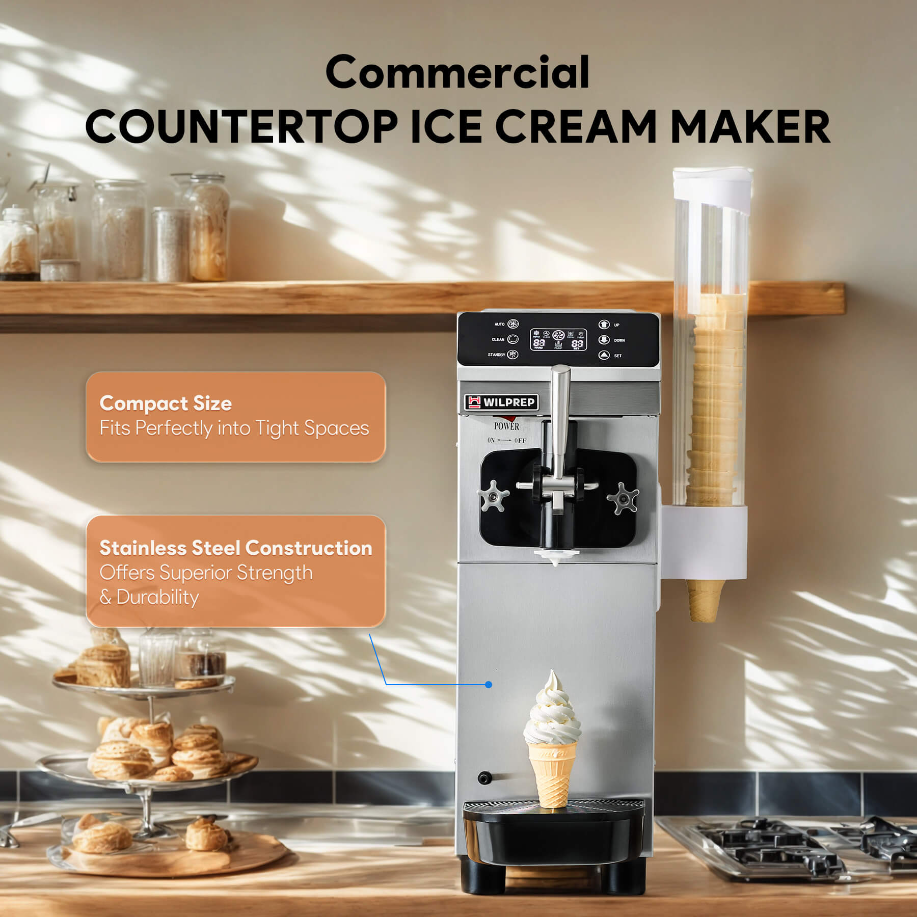 Commercial ice cream machine with a single flavor dispenser, digital control panel, and cone rack. The machine is constructed from stainless steel and there are three flavored ice cream cones depicted above it.