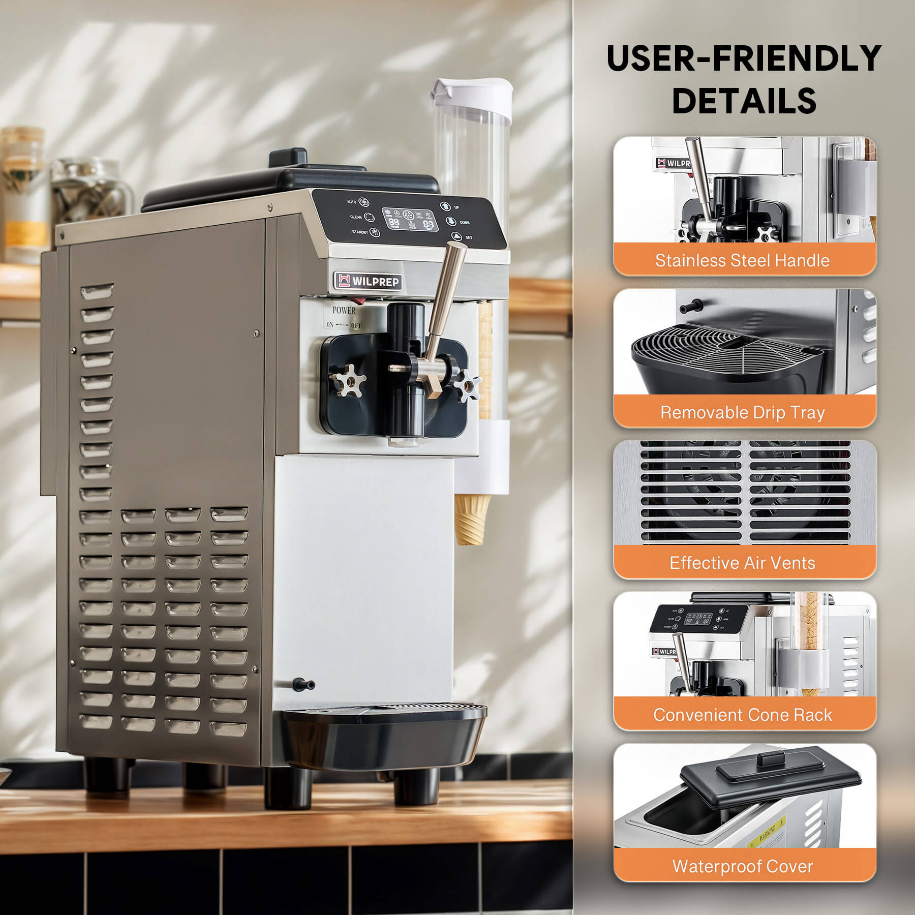 Commercial ice cream machine with a single flavor dispenser, digital control panel, and cone rack. The machine is constructed from stainless steel and there are three flavored ice cream cones depicted above it.