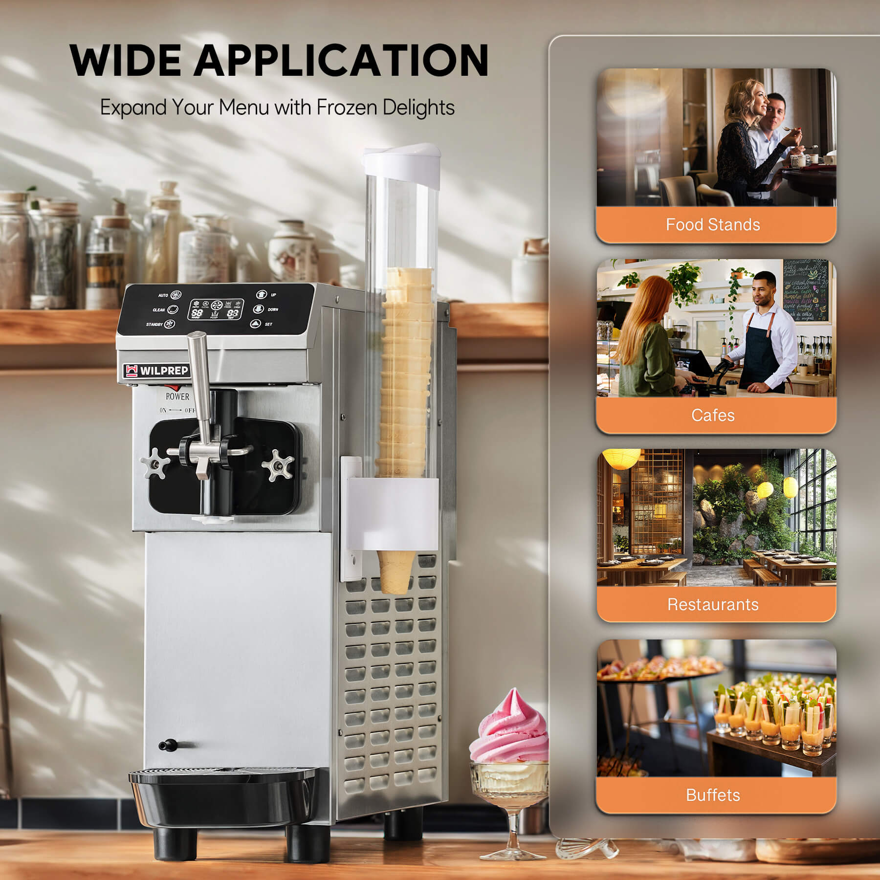 Commercial ice cream machine with a single flavor dispenser, digital control panel, and cone rack. The machine is constructed from stainless steel and there are three flavored ice cream cones depicted above it.