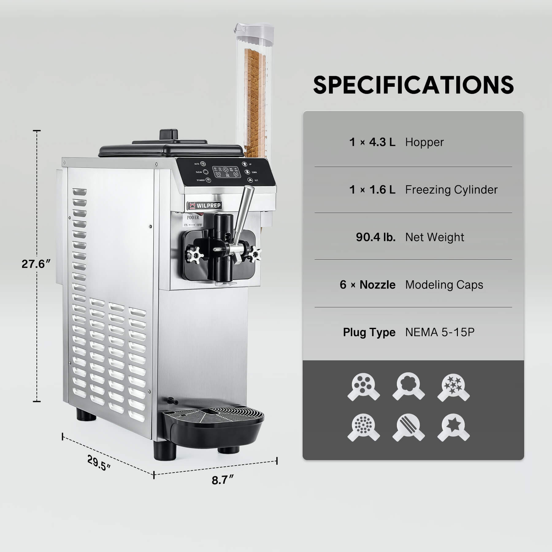 Commercial ice cream machine with a single flavor dispenser, digital control panel, and cone rack. The machine is constructed from stainless steel and there are three flavored ice cream cones depicted above it.