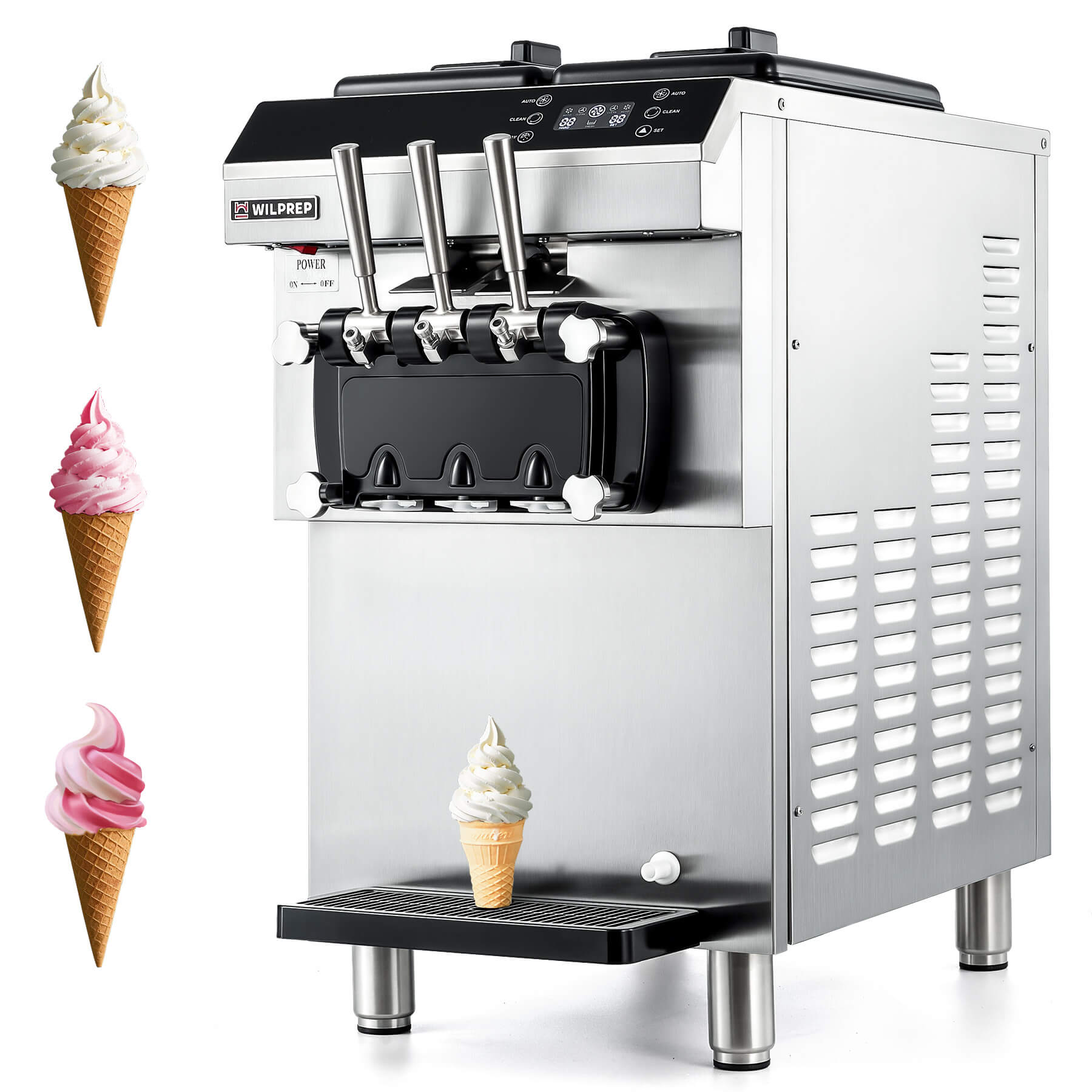 Commercial ice cream machine with three flavor dispensers, digital control panel, and a cone rack. The machine is constructed of stainless steel and is pictured with examples of ice cream cones.