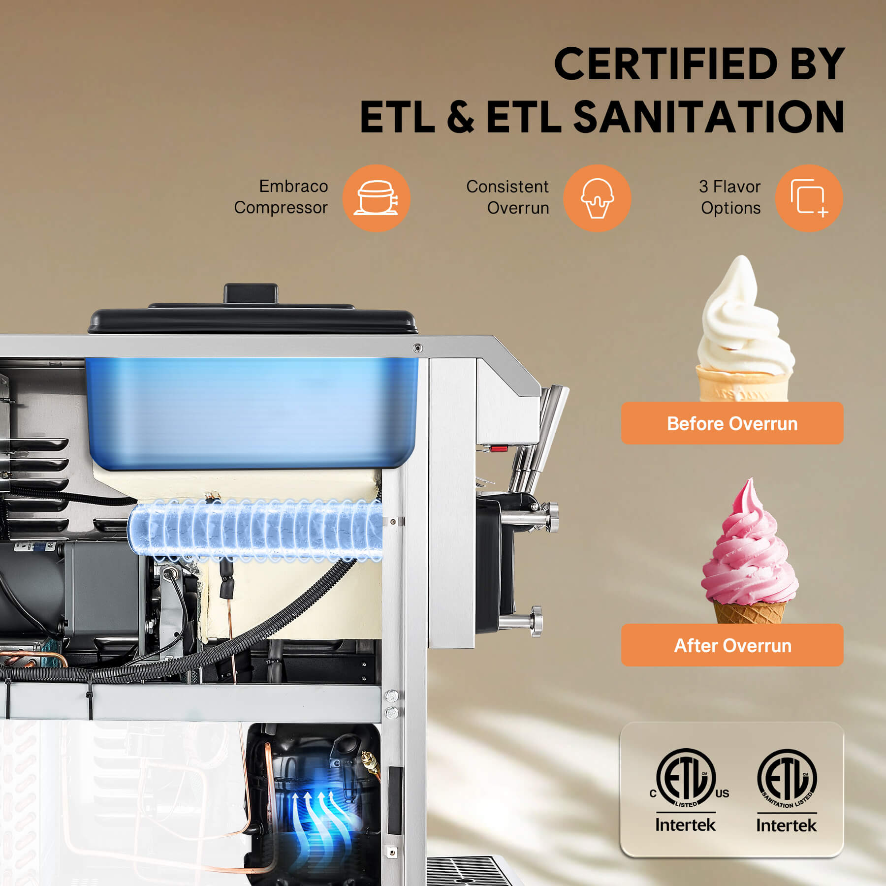 Commercial ice cream machine with three flavor dispensers, digital control panel, and a cone rack. The machine is constructed of stainless steel and is pictured with examples of ice cream cones.
