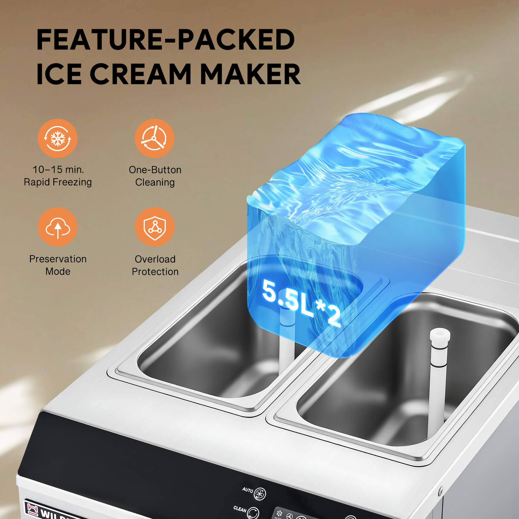 Commercial ice cream machine with three flavor dispensers, digital control panel, and a cone rack. The machine is constructed of stainless steel and is pictured with examples of ice cream cones.