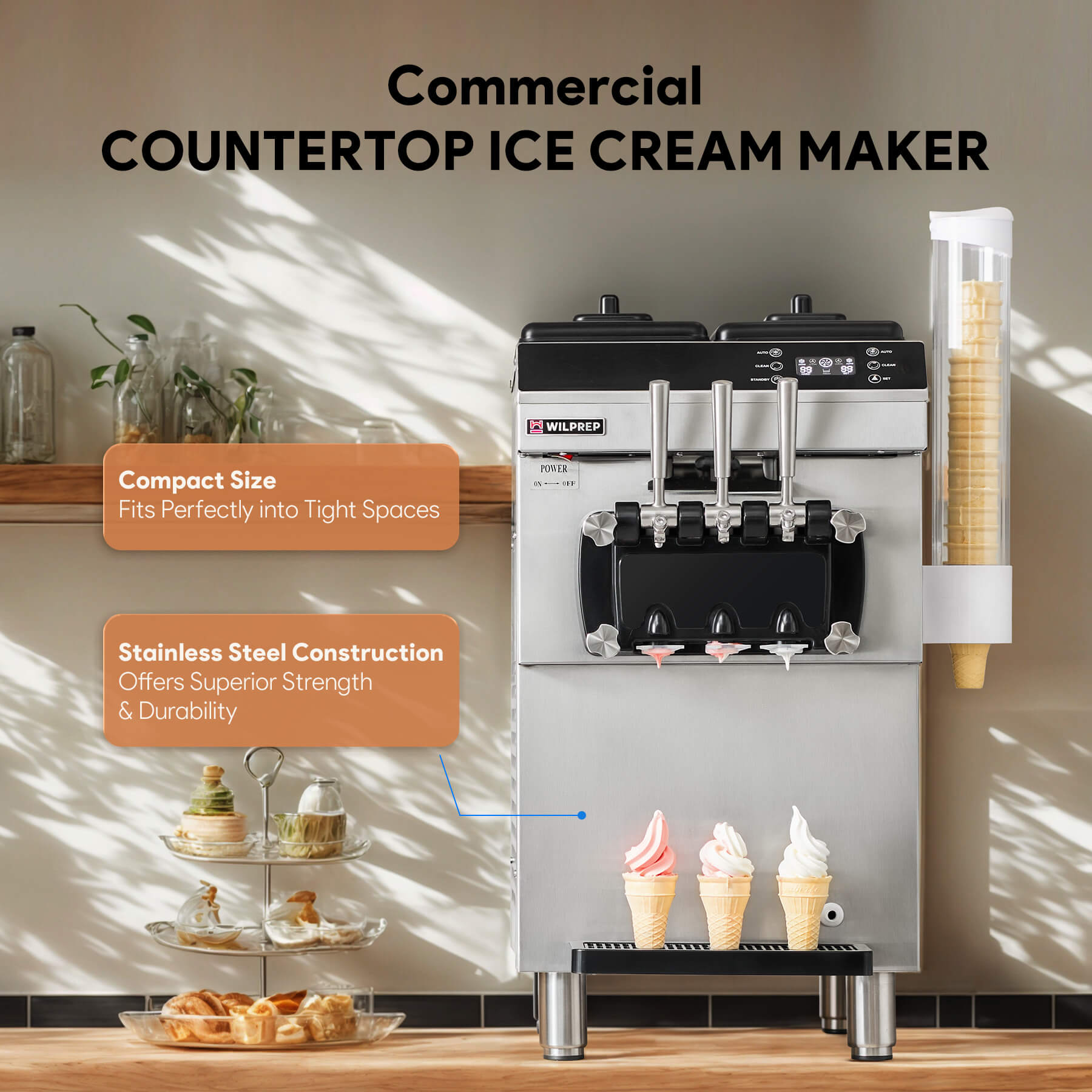 Commercial ice cream machine with three flavor dispensers, digital control panel, and a cone rack. The machine is constructed of stainless steel and is pictured with examples of ice cream cones.