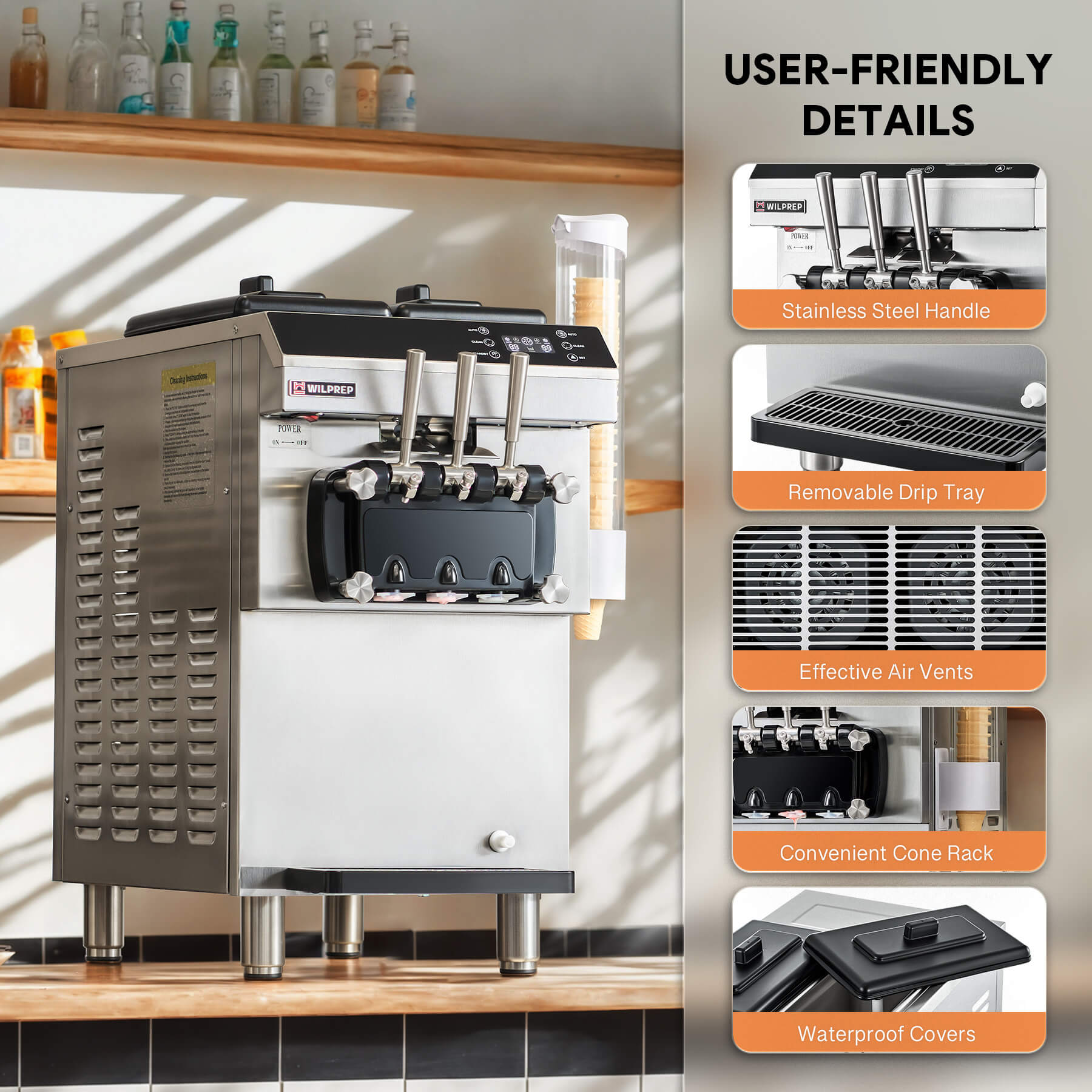 Commercial ice cream machine with three flavor dispensers, digital control panel, and a cone rack. The machine is constructed of stainless steel and is pictured with examples of ice cream cones.