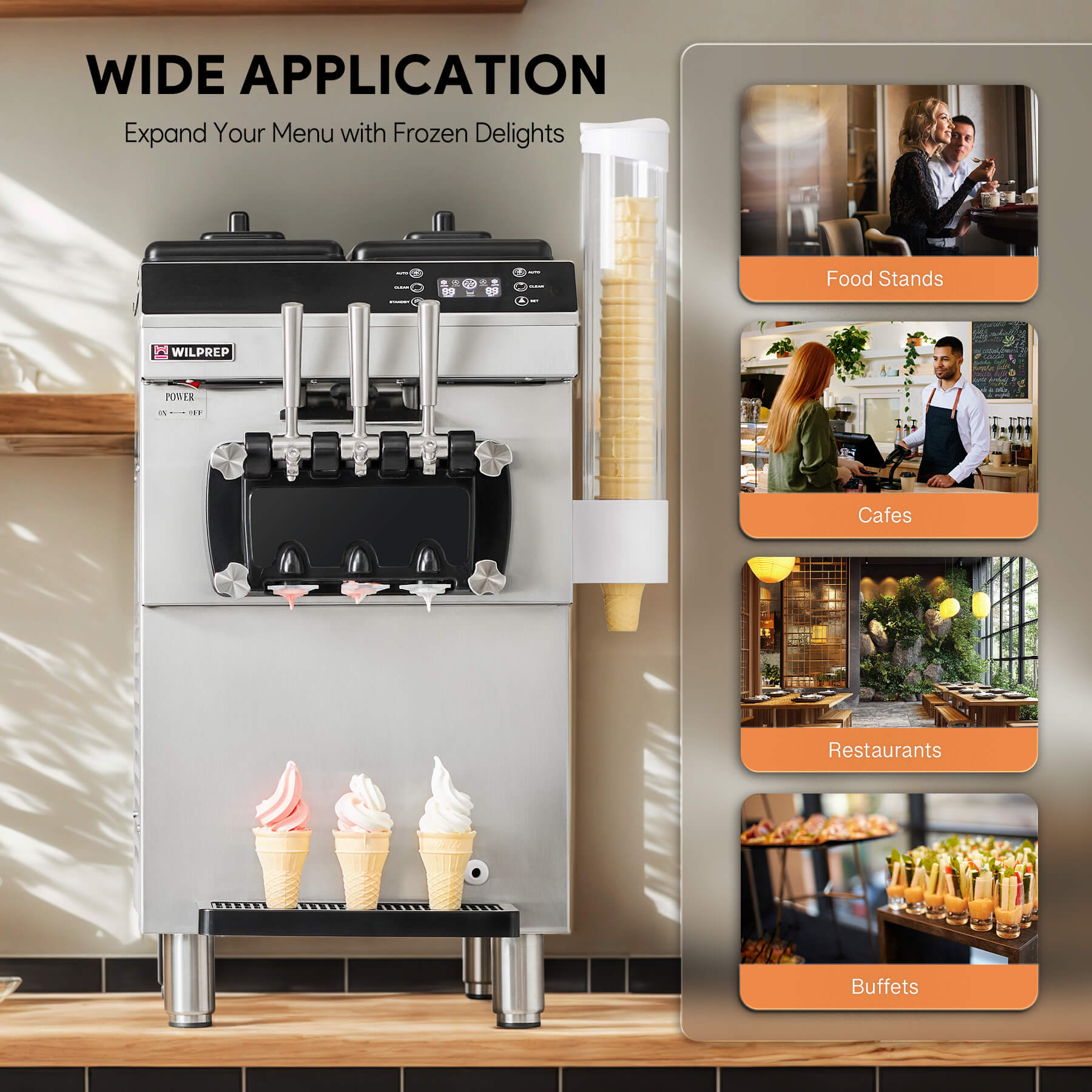 Commercial ice cream machine with three flavor dispensers, digital control panel, and a cone rack. The machine is constructed of stainless steel and is pictured with examples of ice cream cones.